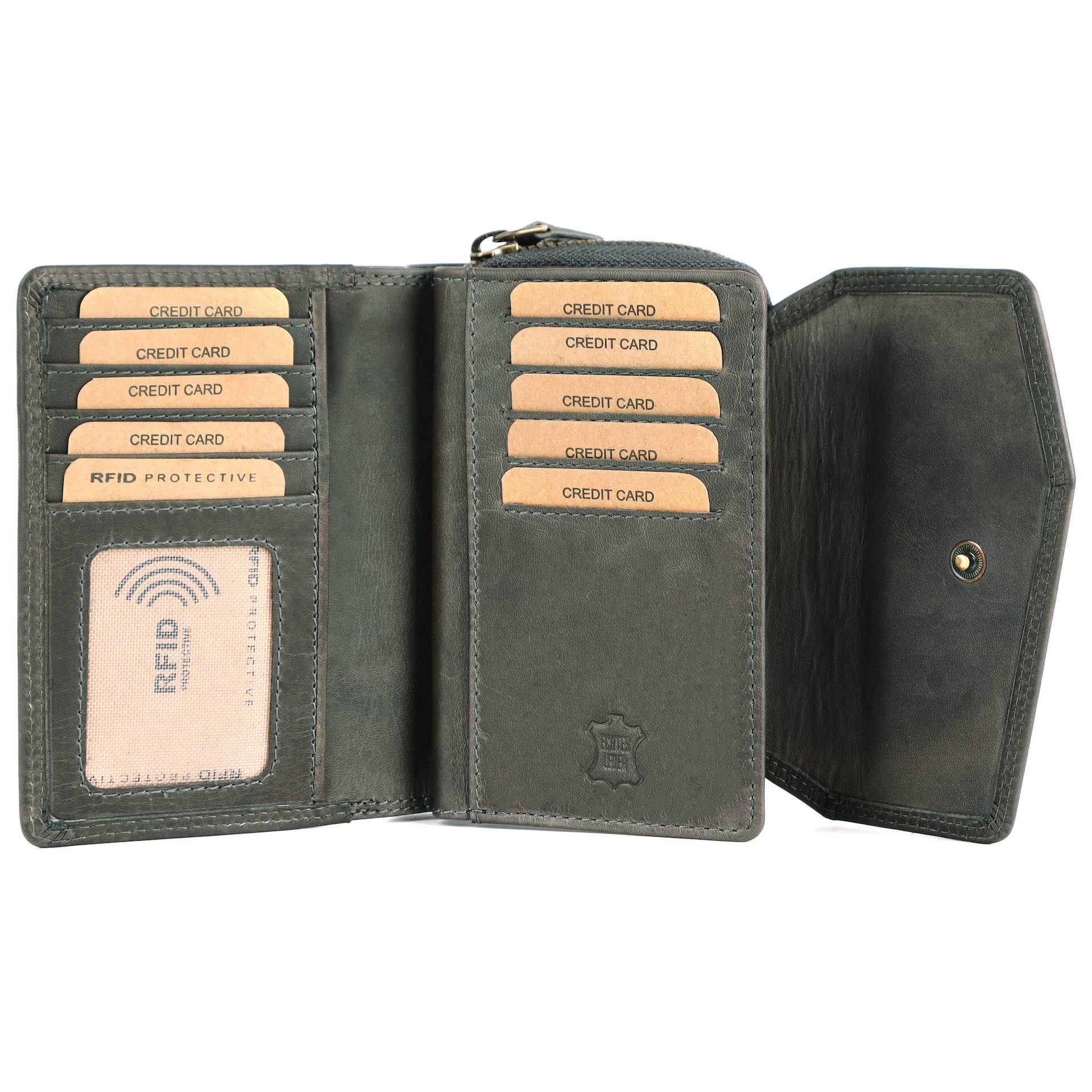 Benthill Geldbörse Damen Echt Leder Portemonnaie RFID Portmonee viel Kartenfächer Vintage, RFID-Schutz Kartenfächer Münzfach Reißverschlussfach