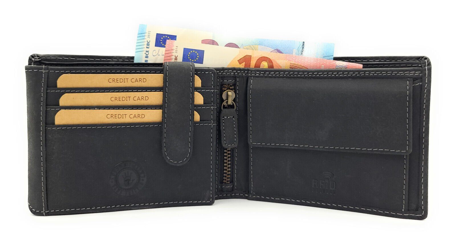 JOCKEY CLUB Geldbörse echt Leder Portemonnaie mit RFID Schutz geprägter Wolf, Geldbeutel, Mond, Farbe schwarz