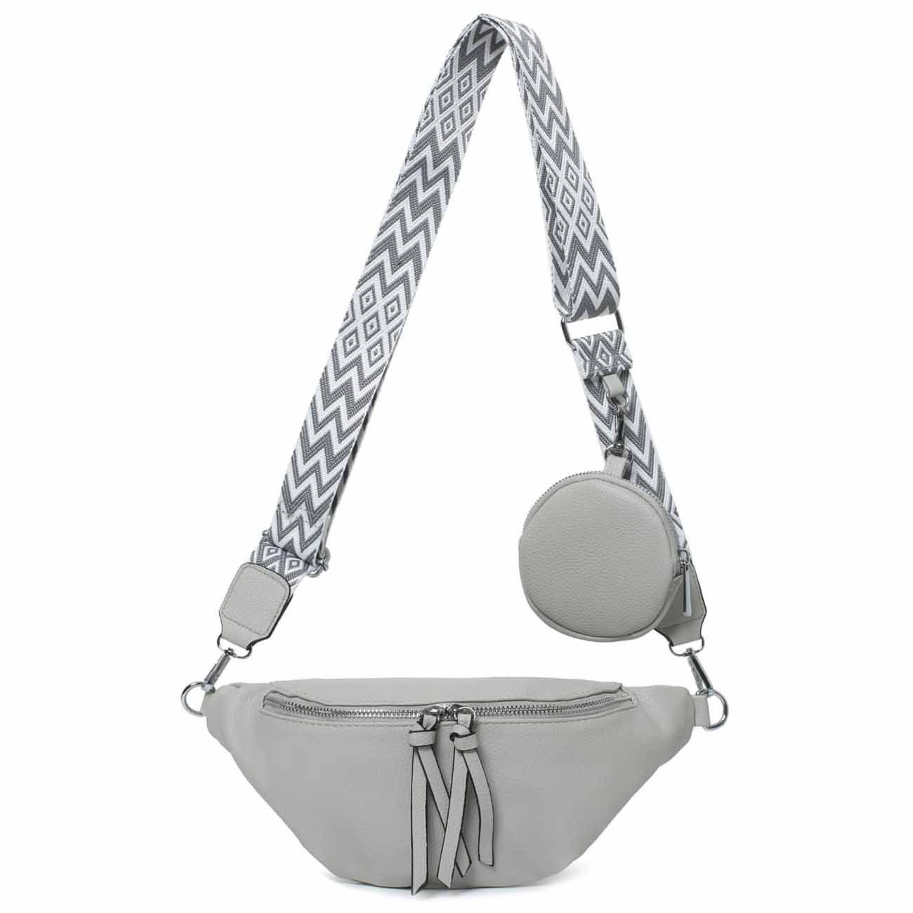 ITALYSHOP24 Bauchtasche Damen Brusttasche Crossover Umhängetasche CrossBody Bag Geldtasche (Spar-Set aus einer Tasche mit einem breitem Muster Stoffgurt/Umhängeband), Bodybag, Handytasche, Hüfttasche, Schultertasche, leicht Gewicht