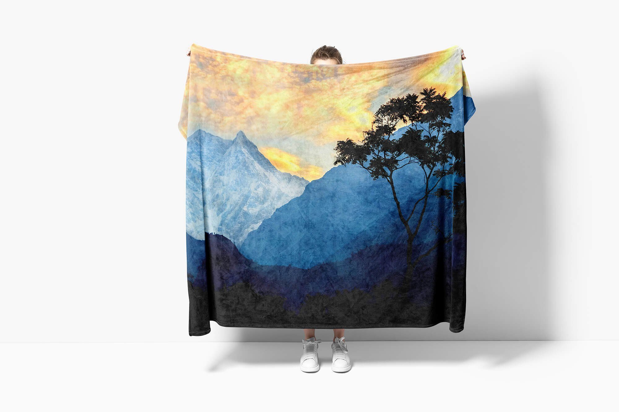 Baum (1-St), Handtücher Berge Saunatuch Wund, Handtuch Sinus Strandhandtuch Handtuch Stunde Kuscheldecke Blaue mit Art Baumwolle-Polyester-Mix Fotomotiv