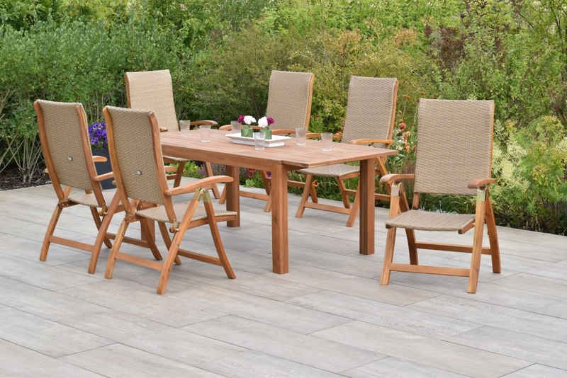 MERXX Garten-Essgruppe Capri, (Set 7-teilig, Tisch, 6 Klappsessel, Akazienholz mit Kunststoffgeflecht), mit ausziehbarem Tisch