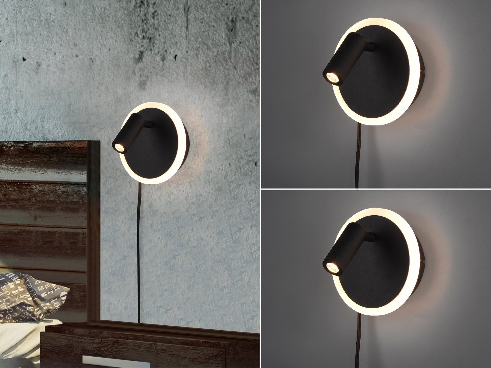 TRIO Leuchten LED Leselampe, LED fest integriert, Warmweiß, 2er Set innen mit Stecker und Schalter Leselampe schwenkbar Bett Ø15cm