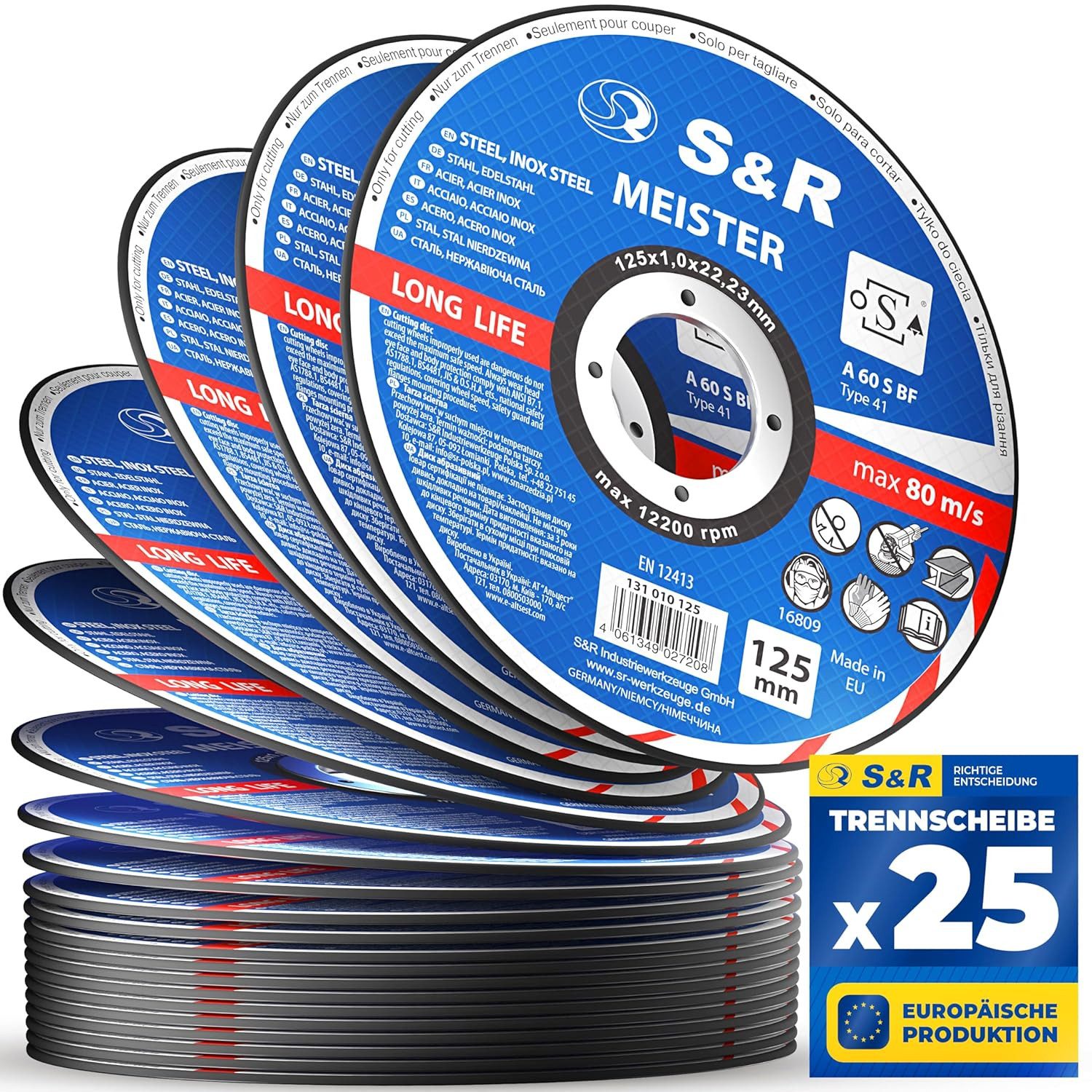 S&R Trennscheibe in Profi-Qualität, Made in EU, für Metall, Stahl, Edelstahl/INOX, (Set, 25 - teilig), 125 x 1,0 x 22,23 mm, Flexscheiben für Winkelschleifer, Flex