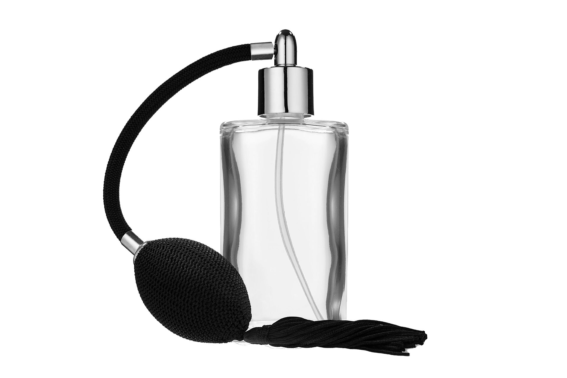 Parfümzerstäuber Tischzerstäuber, Glas oval, mit Ballpumpe, schwarz-chromfarben, 100 ml