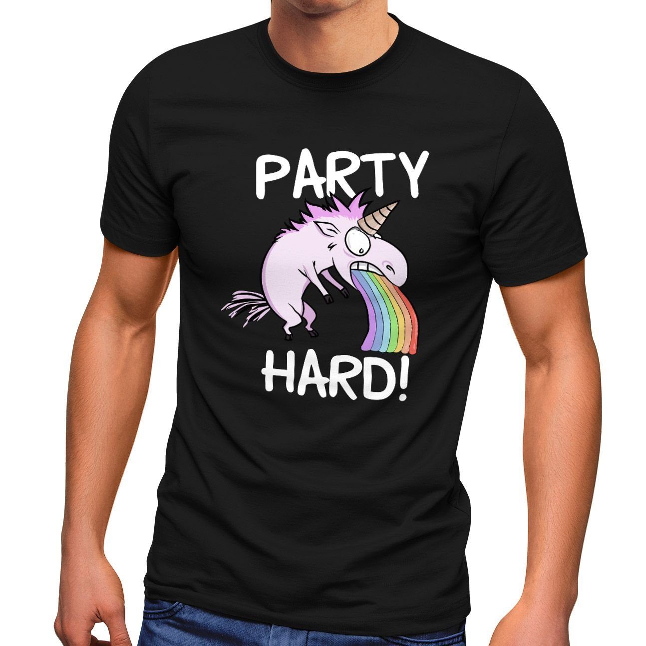 MoonWorks Print-Shirt Herren T-Shirt Party Hard kotzendes Einhorn Feiern Saufen Fun-Shirt Spruch lustig Moonworks® mit Print