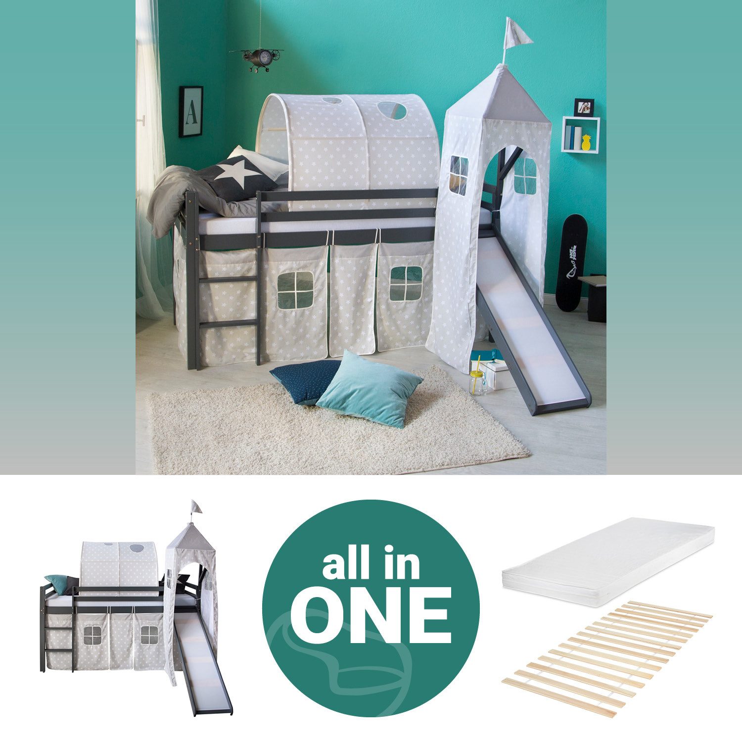 Homestyle4u Hochbett 90x200 cm Grau mit Vorhang Sterne für 1 Kind Kiefer Massiv (Komplett-Set mit Lattenrost, mit Rutsche, mit Tunnel, mit Turm, Matratze mit OEKO-TEX® Standard 100) Junge, Mädchen, Spielbett