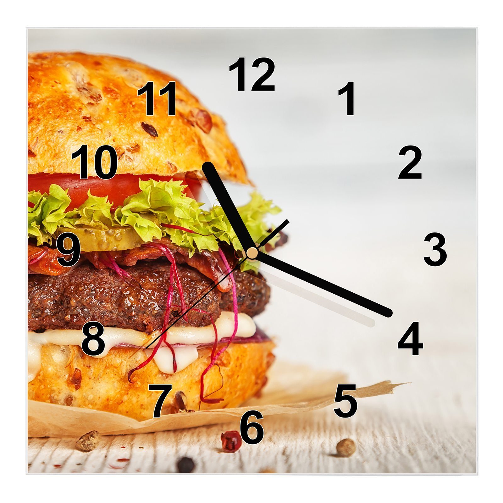 Primedeco Wanduhr x Wandkunst Burger Glasuhr schön 30 Größe mit platziert 30 cm Motiv Wanduhr