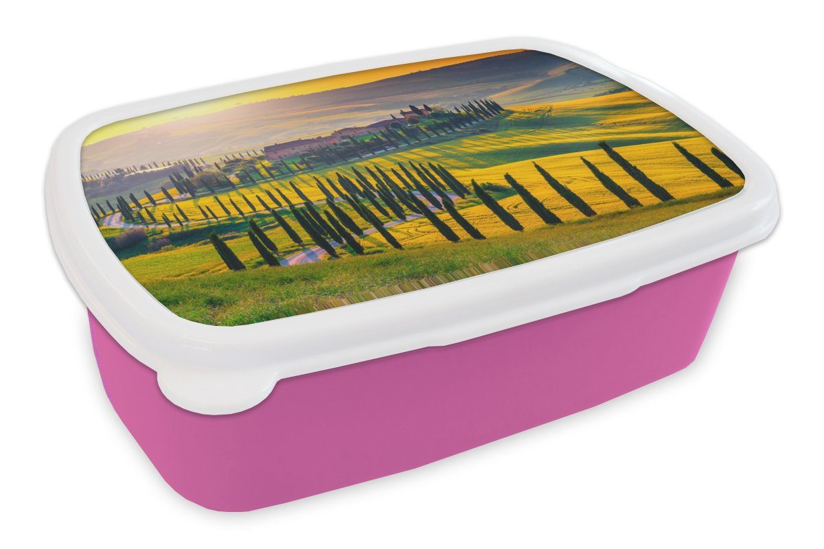 Kunststoff Erwachsene, Brotbox (2-tlg), Gras Kinder, Hügel - Brotdose Lunchbox Snackbox, rosa - für - Sonne MuchoWow Mädchen, Landschaft, Kunststoff,