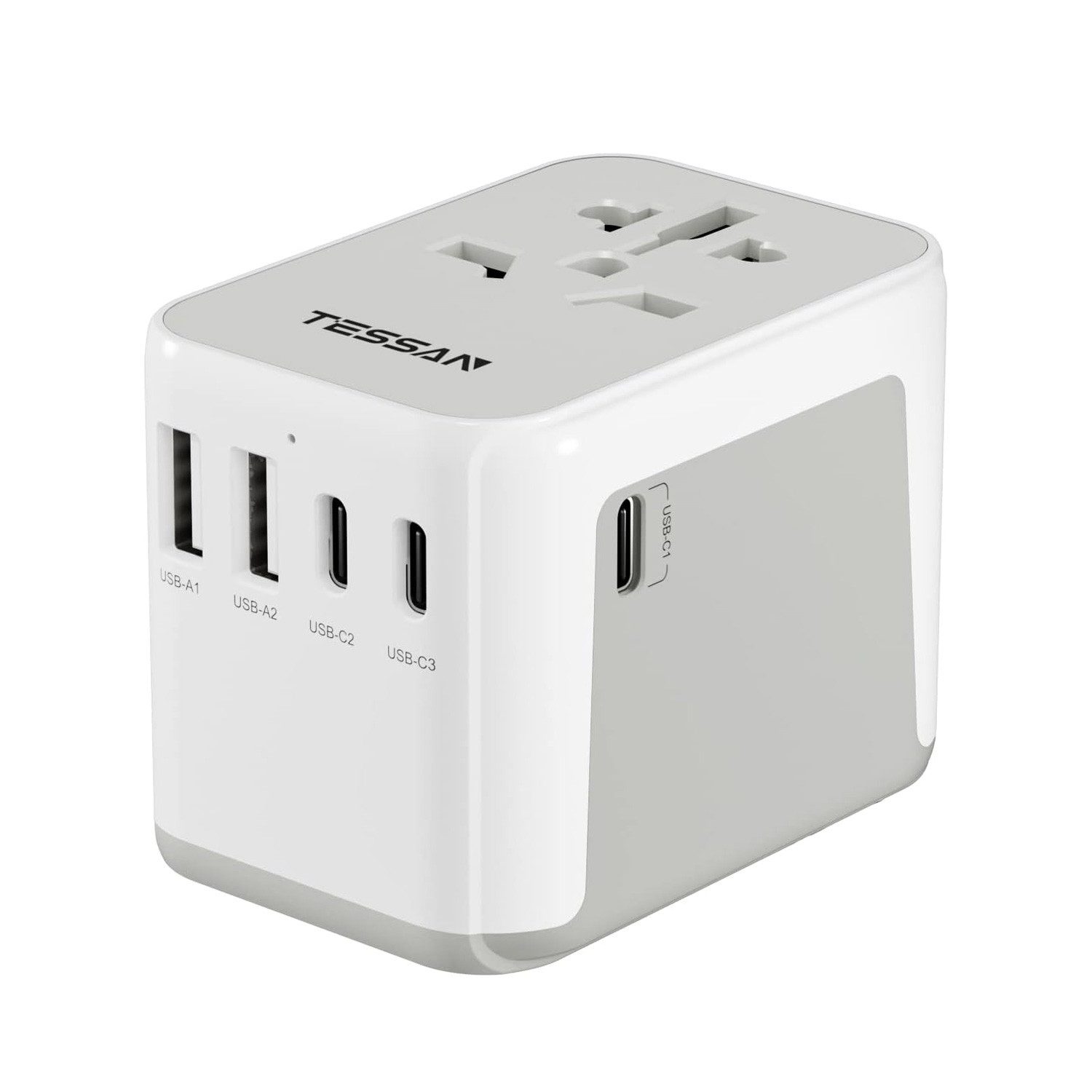 TESSAN Reiseadapter Weltweit Universal mit 2 USB und 3 USB C Reiseadapter AC Buchse, USB A, USB C zu US Plug(Typ A), UK Plug (Typ G), EU Plug (Typ C), AUS Plug (Typ I), Dieser Reiseadapter wird mit zwei Überlastsicherungen (10A) geliefert