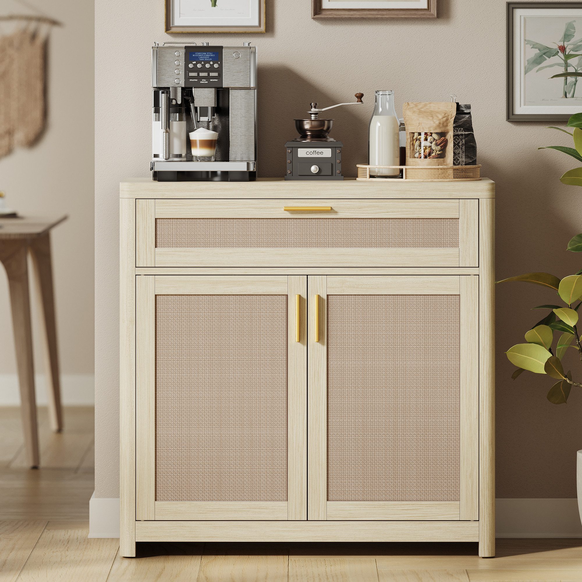 VASAGLE Buffet Küchenschrank im Boho-Stil, Türen Rattan-Optik verstellbare Ablage, Schublade, Wohnzimmer,38 x 80 x 80 cm (T x B x H)