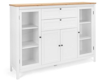 möbelando Highboard Batley, Modernes Highboard aus Spanplatte in Weiß, Oberboden in Artisan Eiche Nachbildung mit 2 Glas-/Holztüren, 2 Holztüren, 2 Schubkästen und 5 Einlegeböden. Breite 160 cm, Höhe 120 cm, Tiefe 40 cm