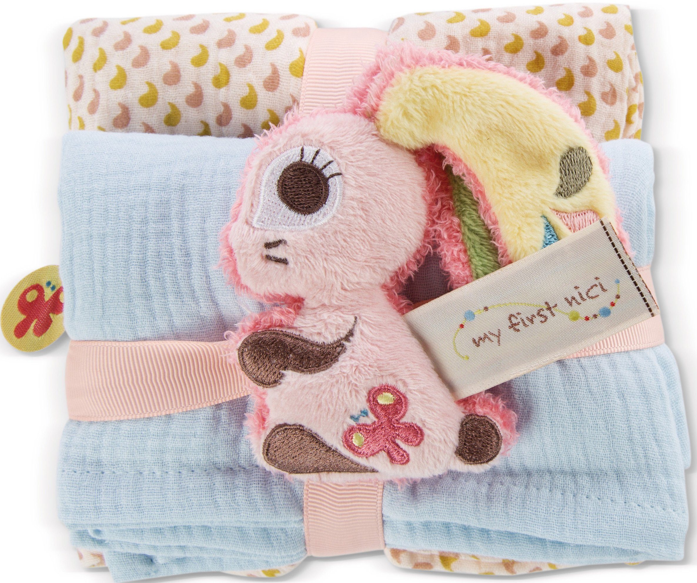 Nici Stoffwindeln My first NICI, Mulltuch 2er Set mit Greifling Hase Hopsali, 10 cm