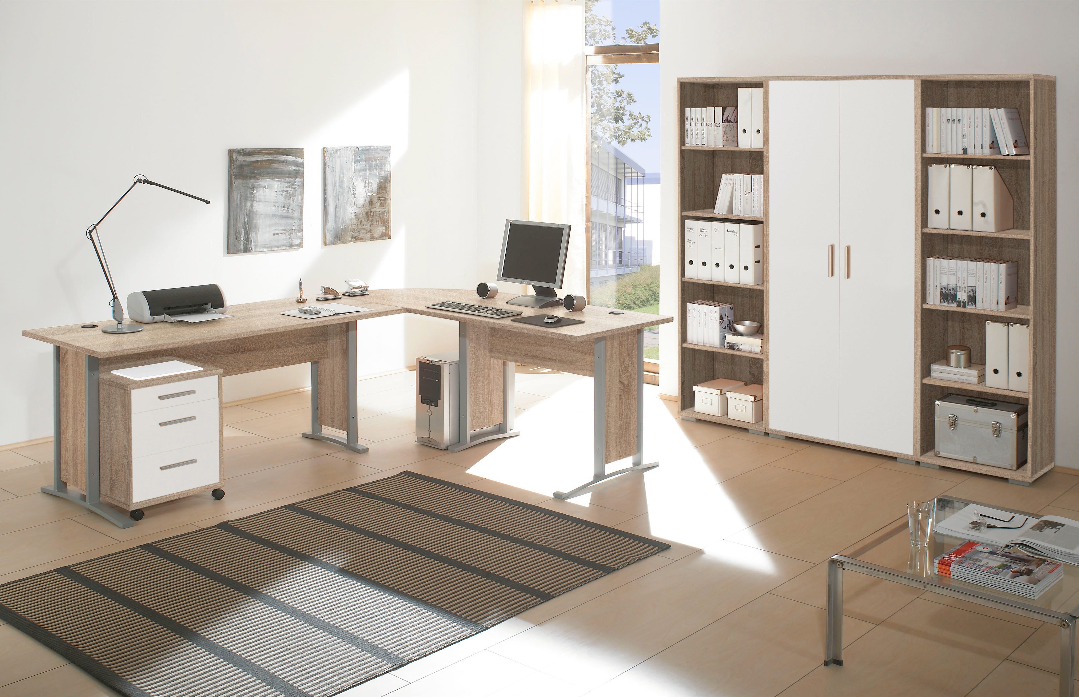 moebel-dich-auf Aktenschrank OFFICE LINE (Büromöbel-Set Arbeitszimmer Büro, 7-St., Winkelschreibtisch + Rollcontainer + Aktenschrank + Aktenregale) in Eiche Sonoma / weiß