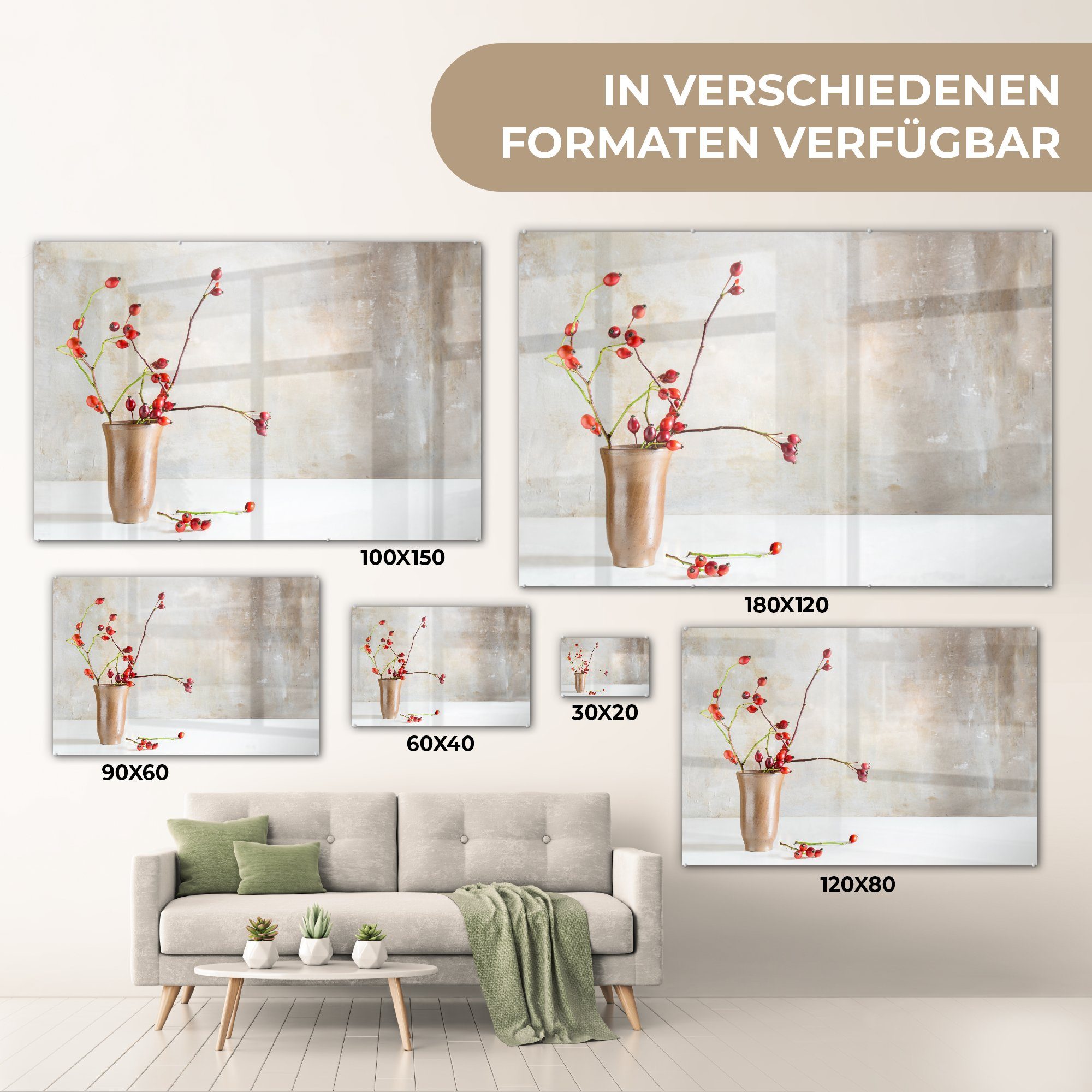 Glas Glasbilder Acrylglasbild St), Rot, Glas Foto auf Bilder - - - Wanddekoration Hagebutte Wandbild Stilleben MuchoWow - - (1 auf