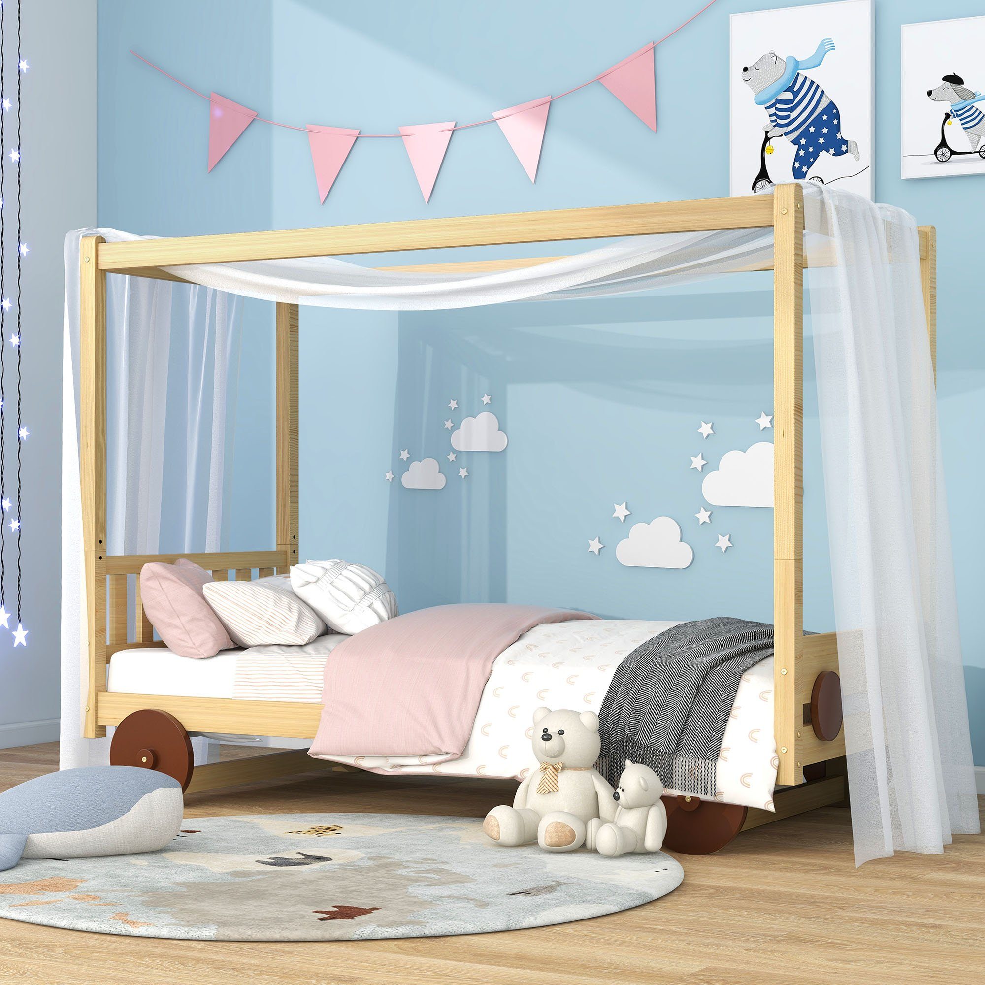 Kinderbett (mit MDF-Rädern und abnehmbare Rahmen), Einzelbett mit Lattenrost, massivem Kiefernholz, 90x200