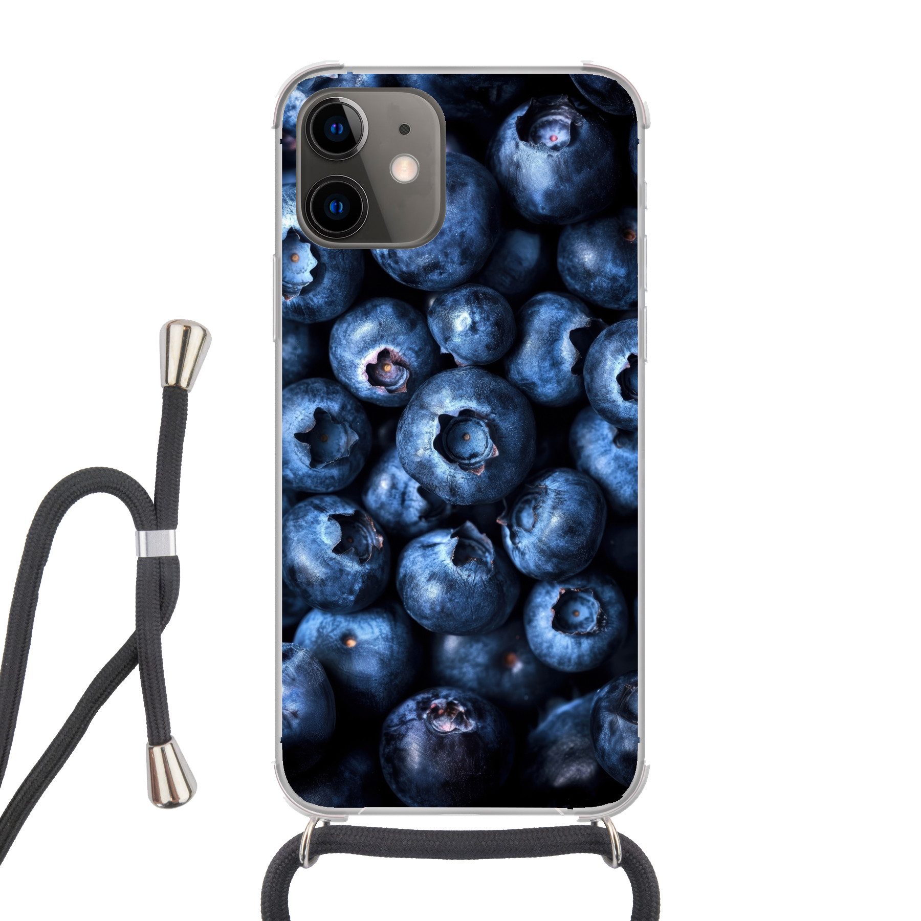 MuchoWow Handyhülle für Apple iPhone 11 Beeren - Blau - Obst, Tragbare Handyhüllen mit Kette zum umhängen, Handykette Handyband