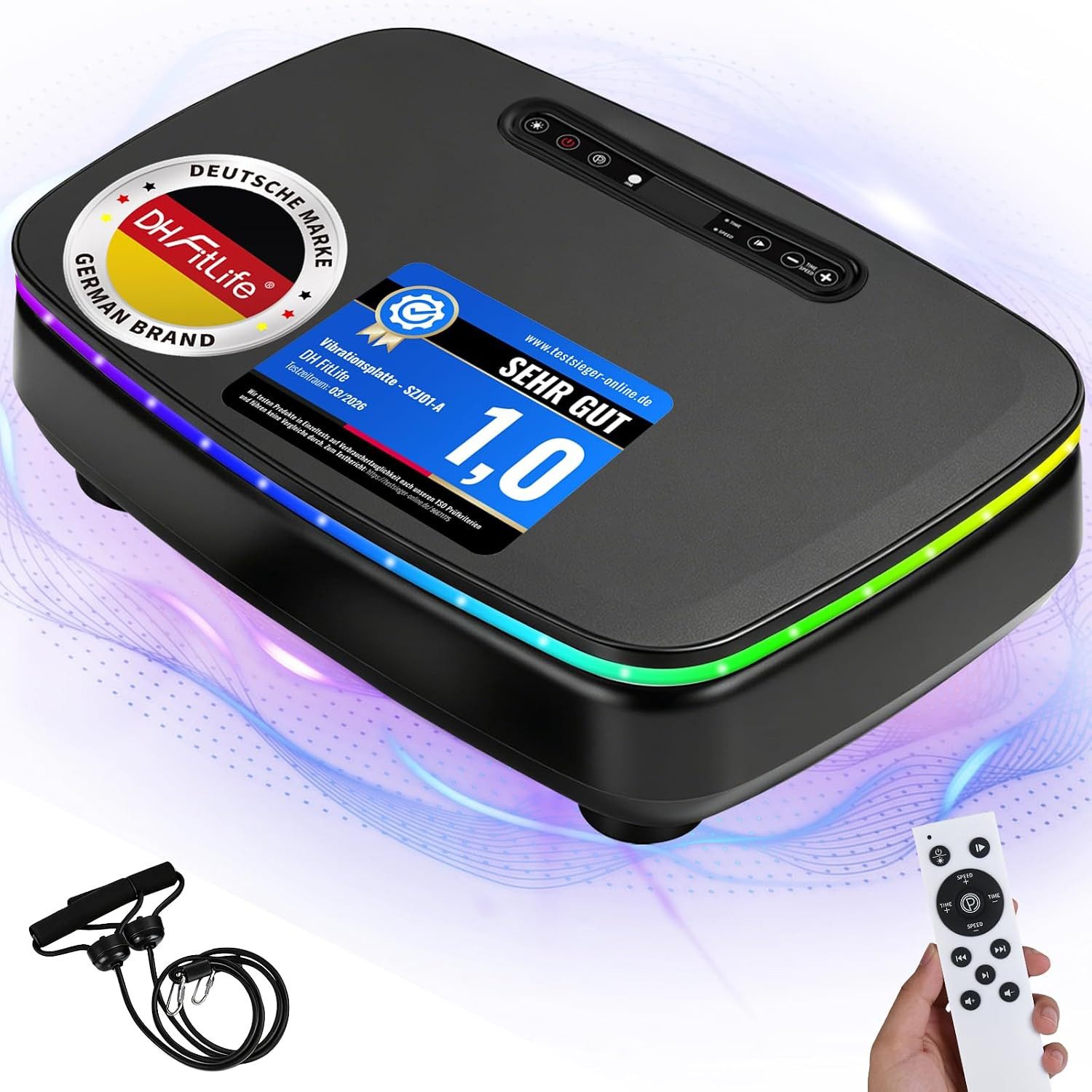 DH FitLife Vibrationsplatte für Zuhause, 99 Stufen & 9 Auto-Programme, 150 W, 99 Intensitätsstufen, (Set, mit Trainingsbändern), Bluetooth, leise, mit Fernbedienung & Trainingsbändern, bis 150 kg