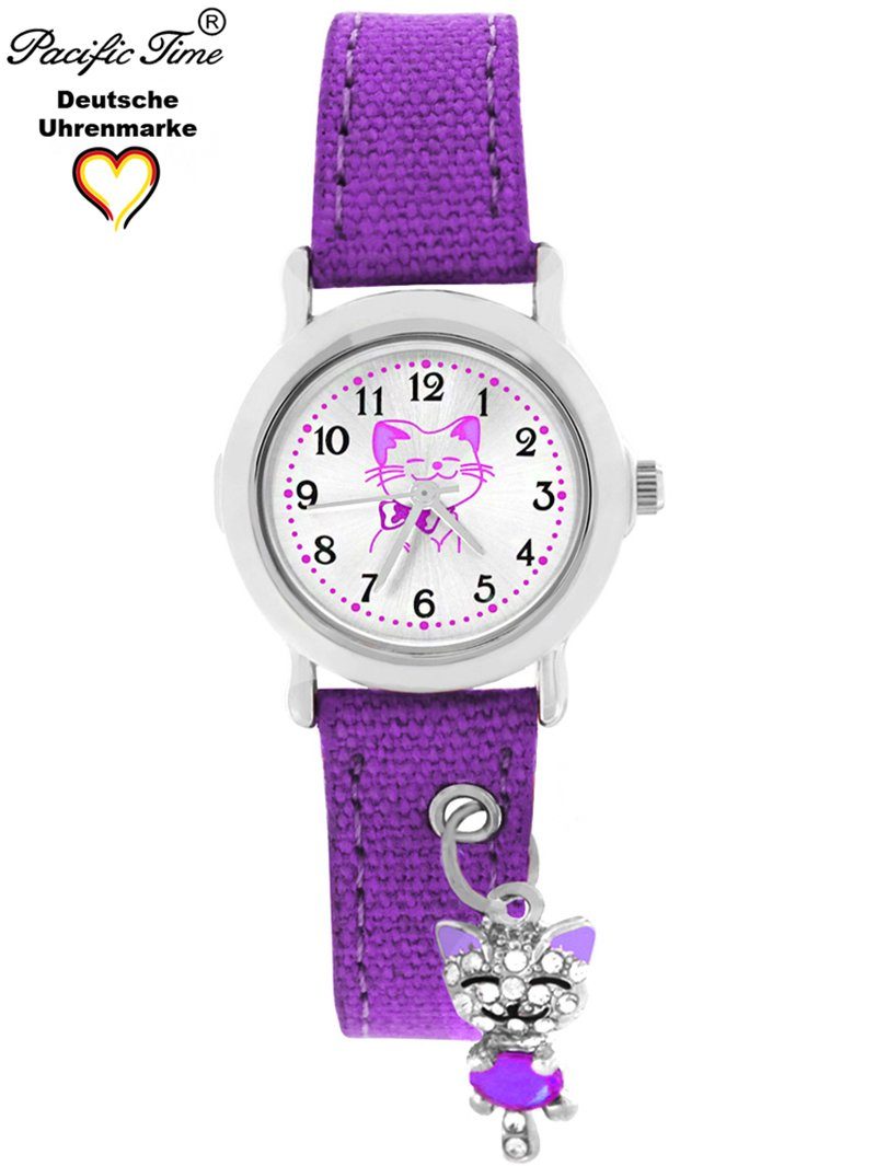 Versand Kinder Stoffarmband, Armbanduhr Pacific Katzenanhänger violett mit Time Quarzuhr Gratis