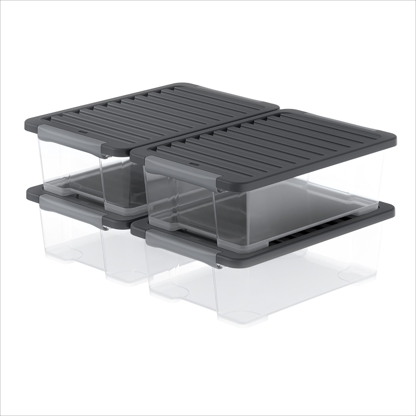 ROTHO Aufbewahrungsbox 4er-Set CORE PLUS 30 L stapelbare Box mit Deckel (Lagerboxen-Set, 4er-Set), Lagerbox ideal für Kleidung, Vorräte und Haushaltsartikel