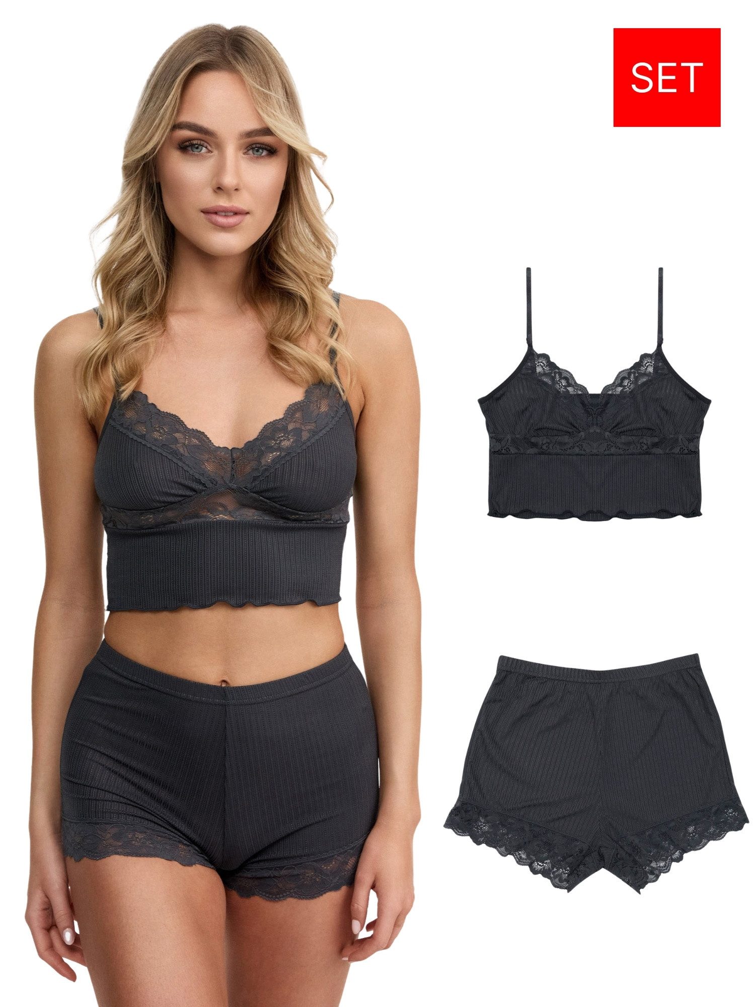 Tazzio Shorty Nachtwäsche-Set F921 (Set, 2 tlg., 1 Stück - Unterhemd & Panty) Ripp-Optik mit Spitze