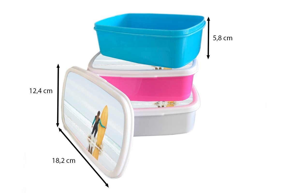 MuchoWow Lunchbox für dem Weibliche Erwachsene, Snackbox, Kunststoff Kunststoff, Surferin Mädchen, Brotdose rosa steht neben (2-tlg), Surfbrett, Brotbox Kinder