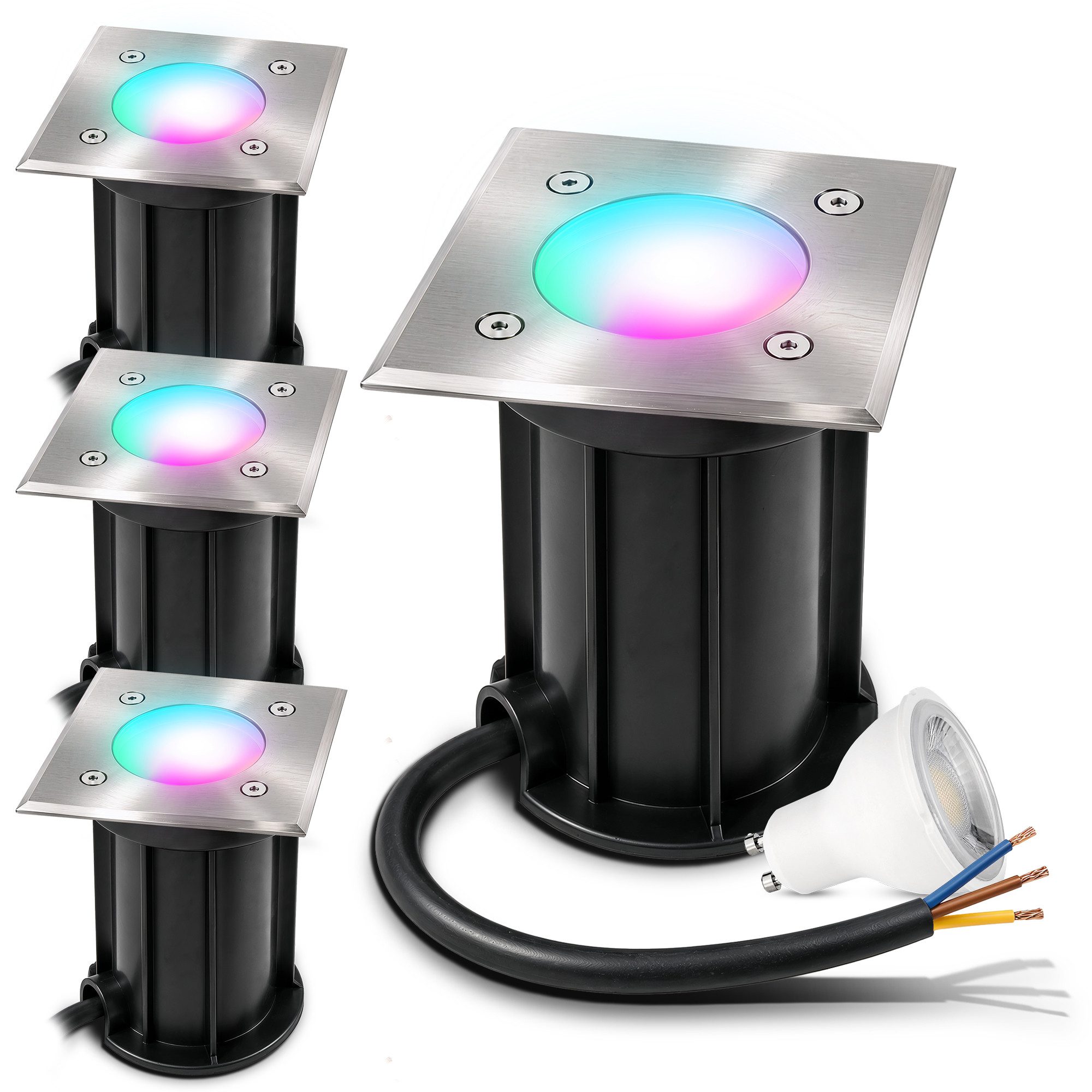 linovum LED Gartenstrahler 4er Set LED Bodenleuchte BOQU quadratisch gebuerstet Smart dimmbar, Smart