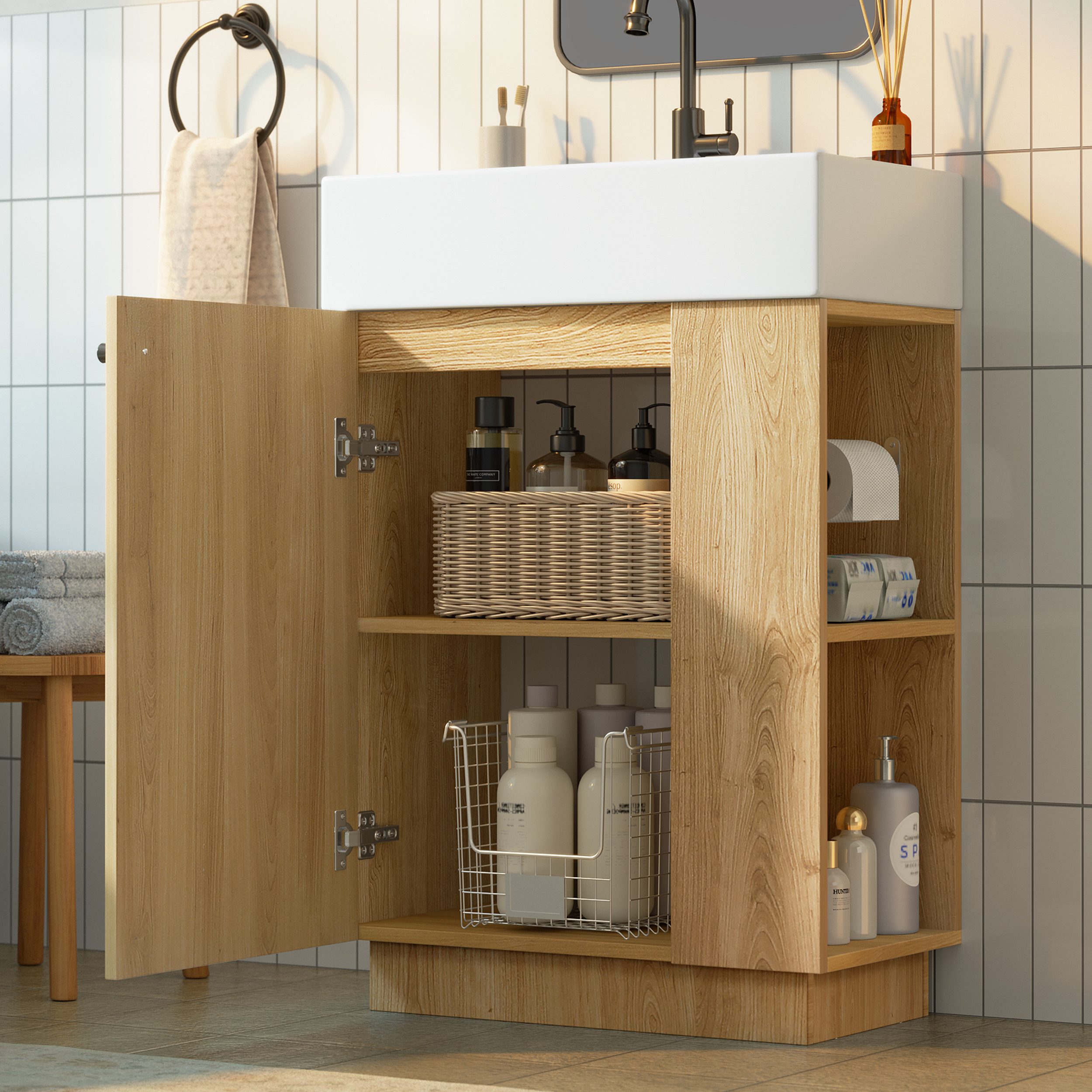 Merax Waschtisch mit Waschbecken, Badmöbel freistehend, geriffelte Holzoptik (55×32×87cm, 1-St., Unterschrank ohne Wasserhahn), Badzimmerschrank mit Soft-Close Tür, Stauraum & Toilettenpapierhalter