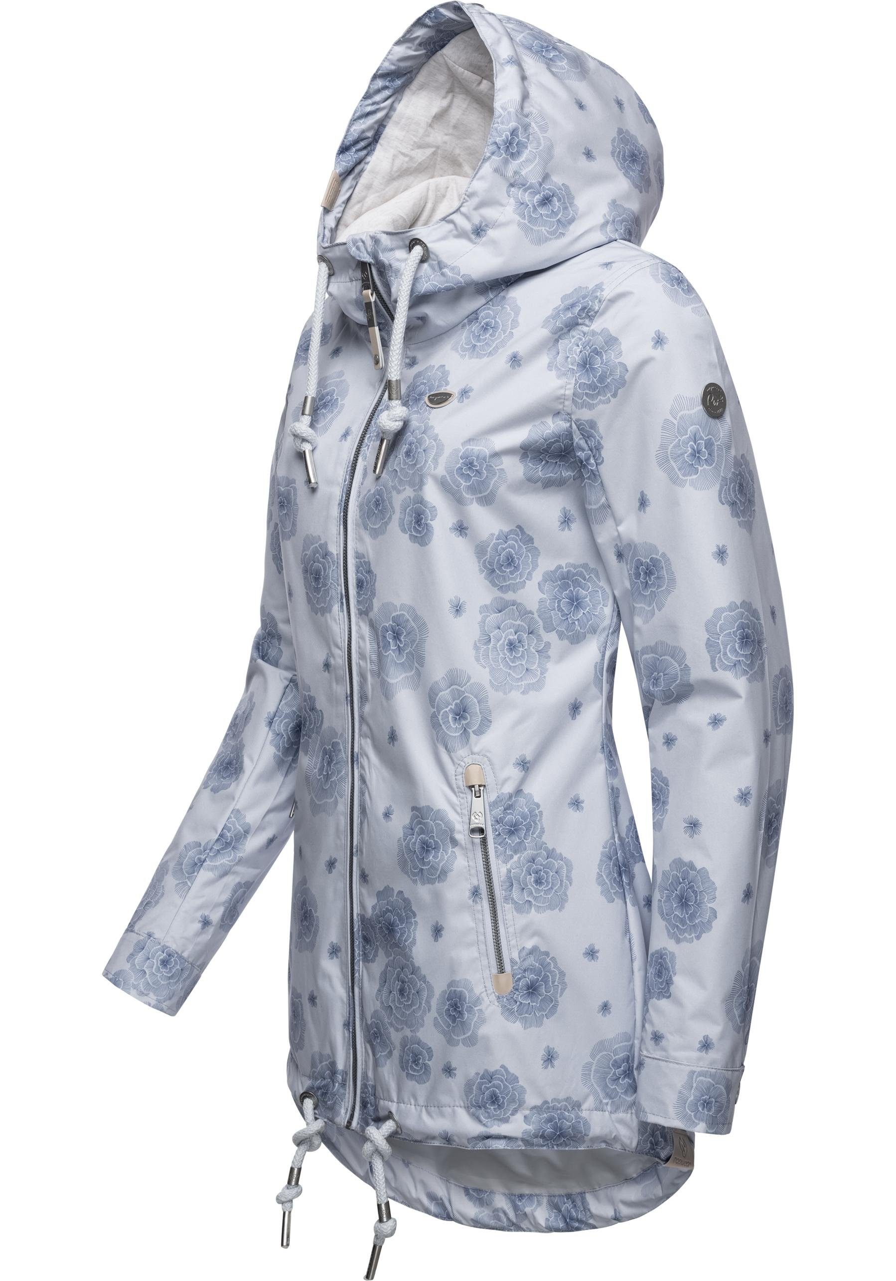 Ragwear Outdoorjacke Flower mit hellblau Übergangsjacke Zuzka großer stylische Kapuze