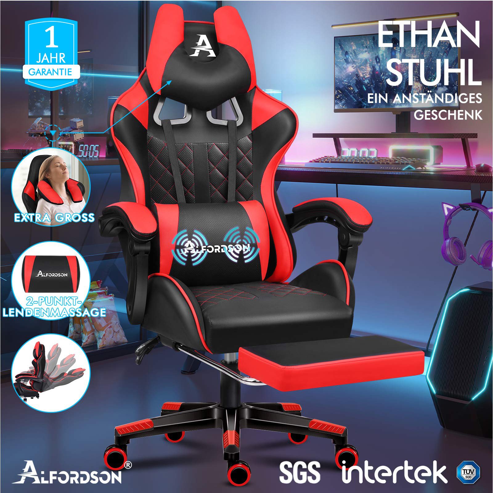 ALFORDSON Gaming-Stuhl Bürostuhl, Integrierte Fußstütze, mit Lendenwirbelki günstig online kaufen