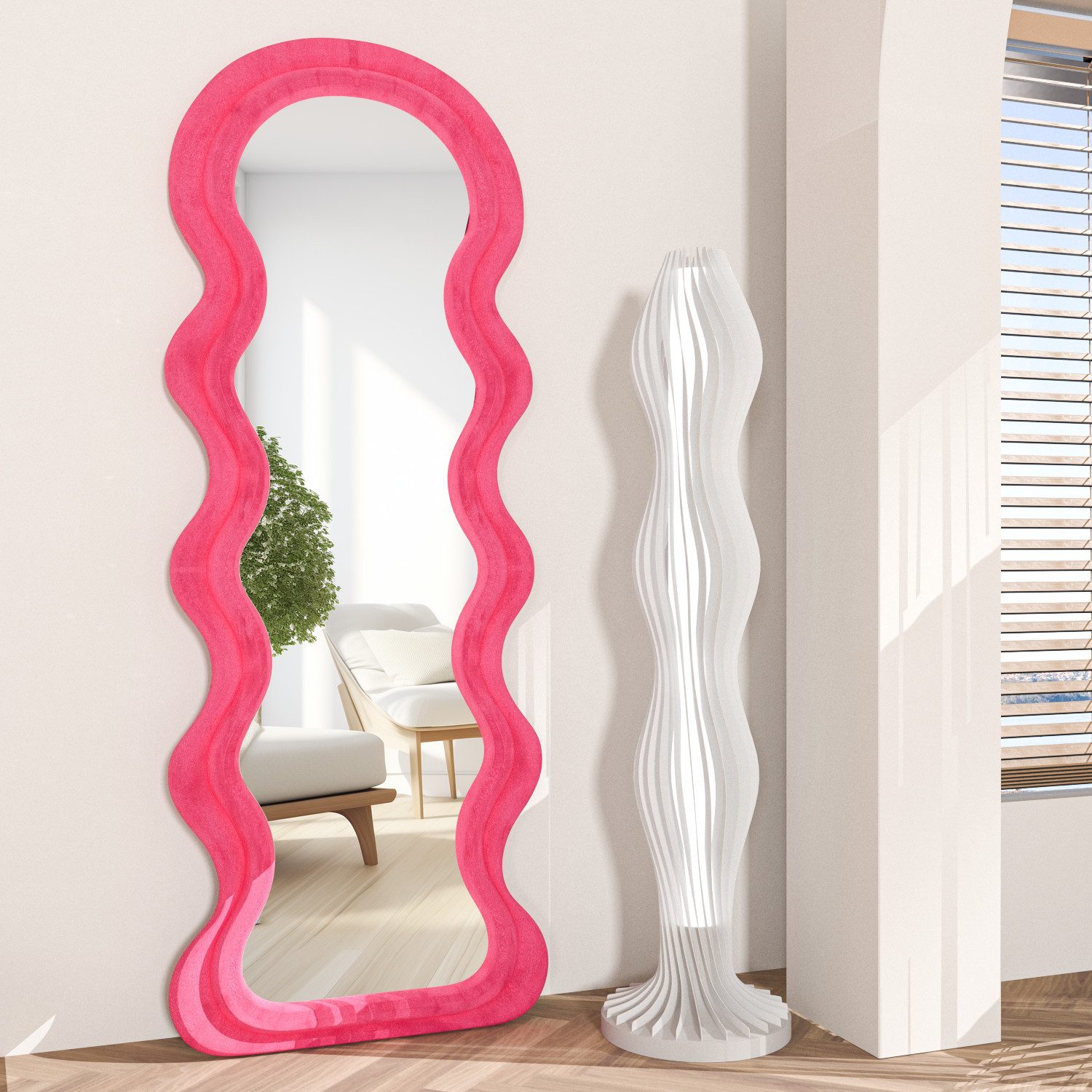 CASSILANDO Ganzkörperspiegel Kreativer Wellenspiegel 63x24", Design mit Holzrahmen, mit weichem Samtstoffrahmen & Sicherheitsglas