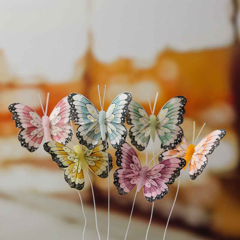 MARELIDA Dekofigur Deko Schmetterlinge Federn am Draht Tischdeko Frühling Hochzeit 6St. (6 St)