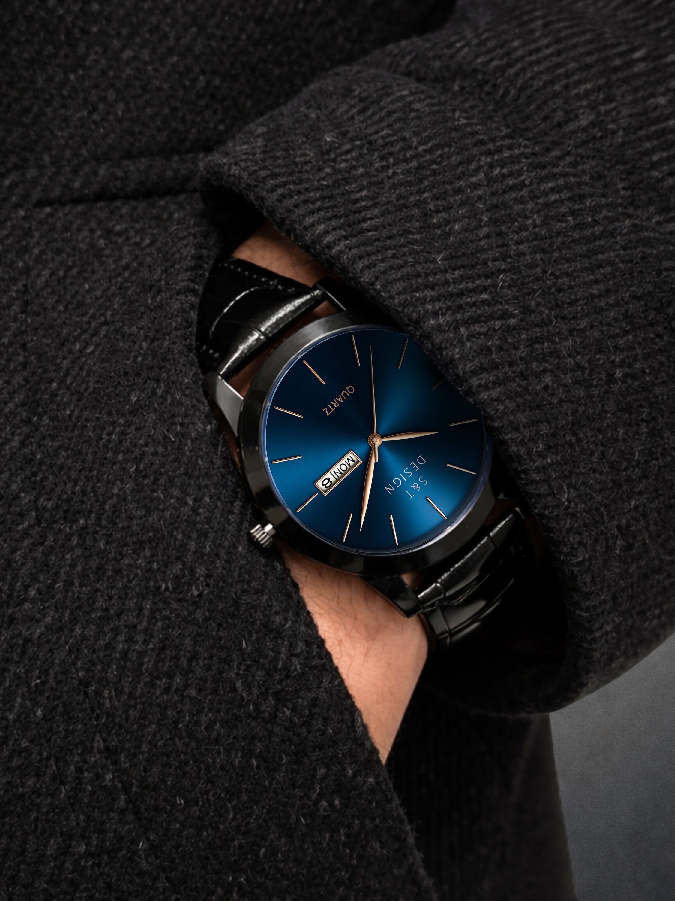 S&T Design Quarzuhr Herren Uhr Leder Armbanduhr Herrenuhr, (Packung, inkl. Uhrendose), Männer Uhr Schwarz Datum Wasserdicht 3Bar