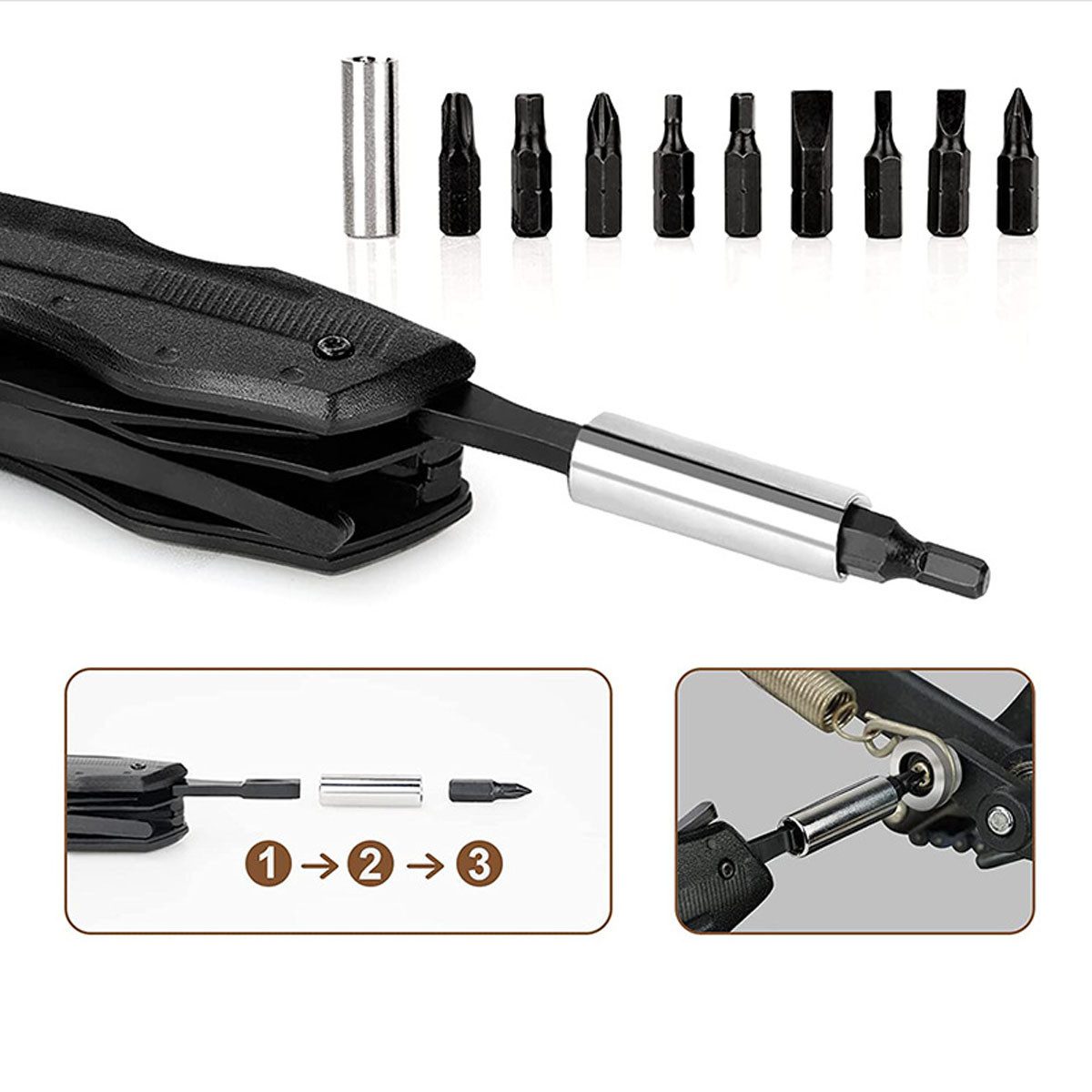 KINSI Multitool Multitool 9 in 1, Taschenmesser Zange Klappmesser,Multifunktionsmesser, Outdoor-Camping-Jagd-Bergsteigen-Multitool mit 9 Ersatzköpfen