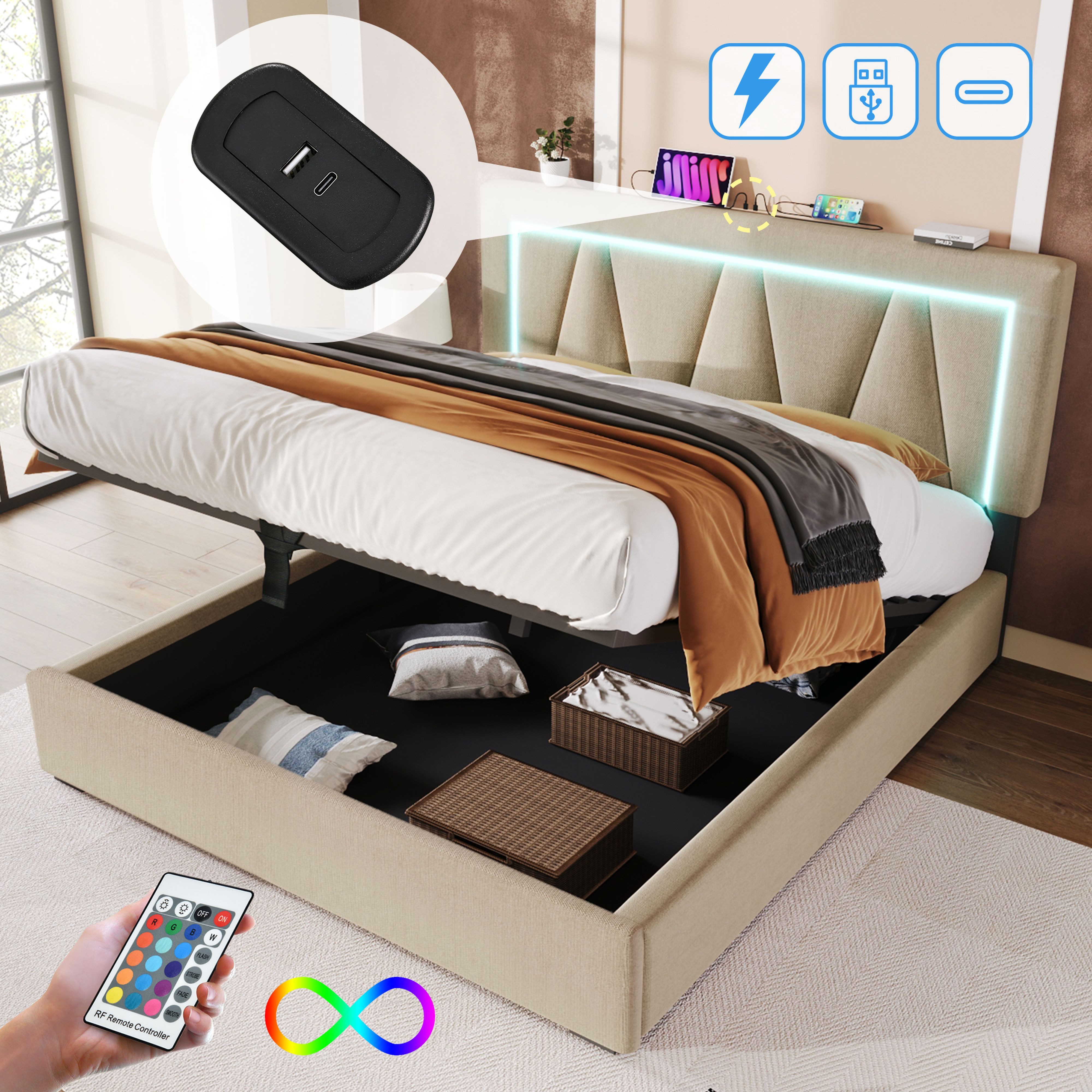 BlingBin Boxspringbett Stauraumbett Polsterbett (1-St., Funktionsbett günstig online kaufen