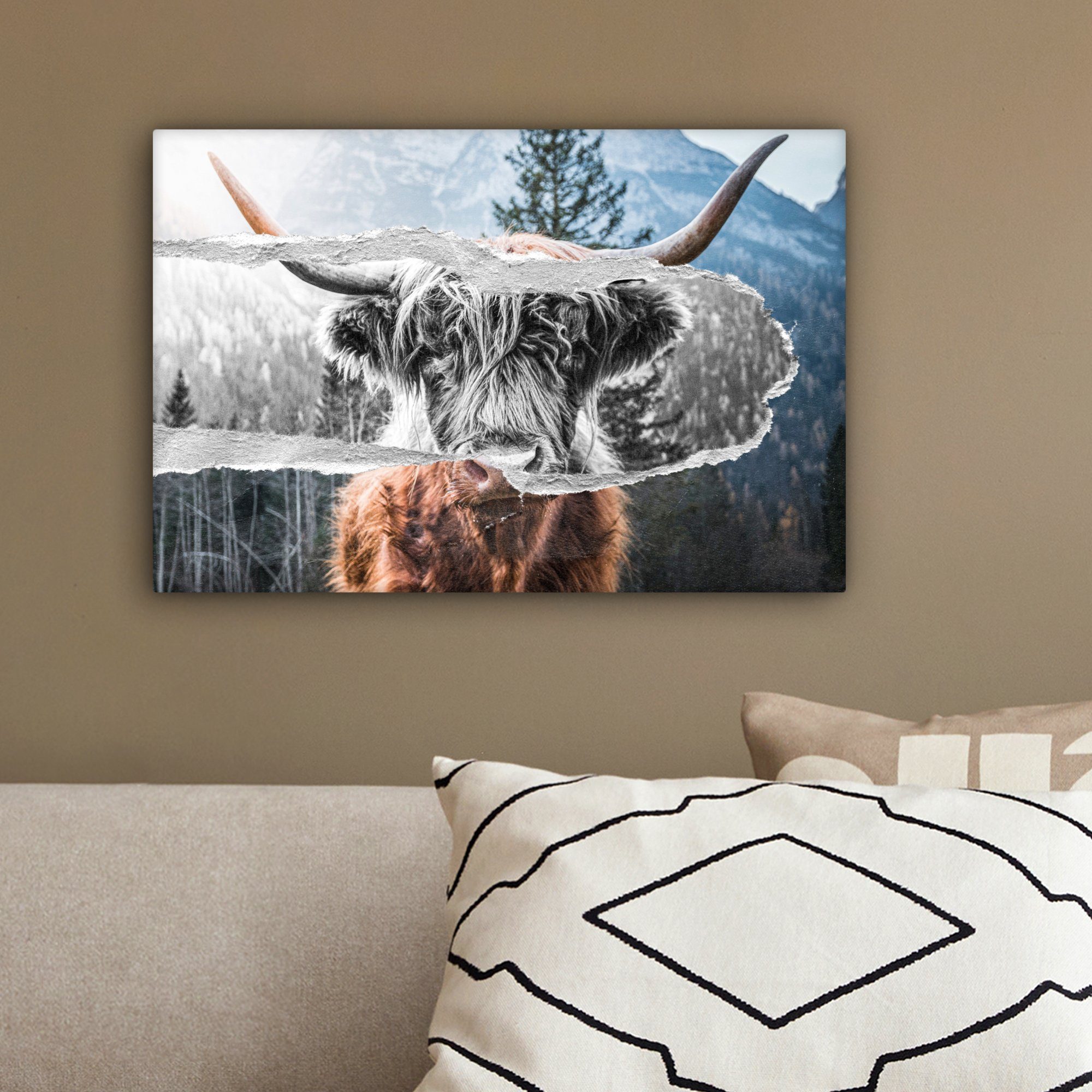 - - 30x20 Leinwandbild (1 Highlander cm Schwarz Schottischer Kuh Wanddeko, St), Aufhängefertig, Leinwandbilder, Wandbild Weiß, - OneMillionCanvasses®