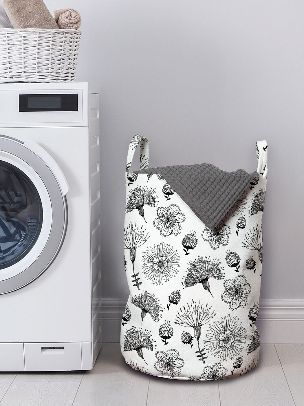 Abakuhaus Wäschesäckchen Wäschekorb mit Griffen Blick Kordelzugverschluss für Waschsalons, Charcoal Blumen Blumen-Skizze
