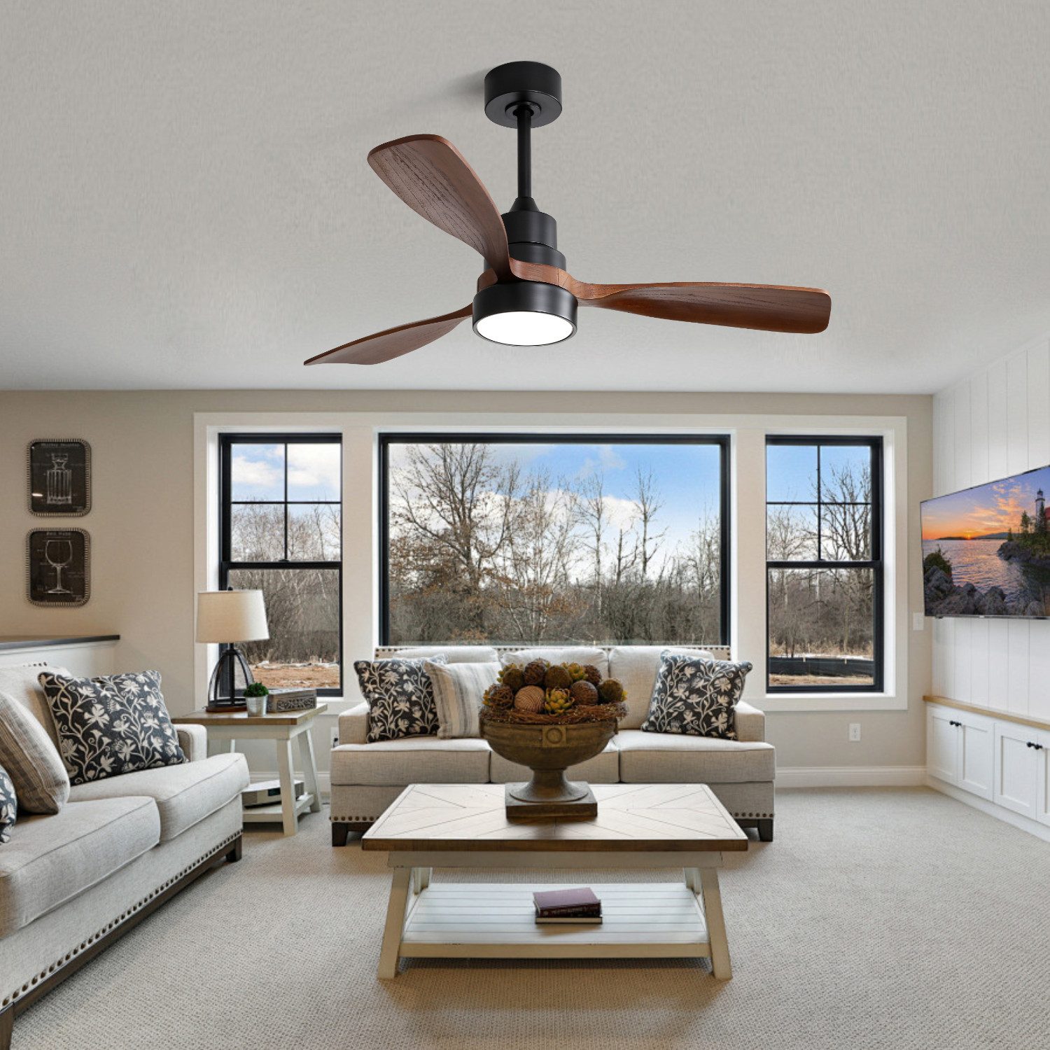 ibettertec Deckenventilator 122cm Holz-Deckenventilator mit 3 Massivholzflügeln für Wohnzimmer, Energieeffizienter reversibler DC-Motor