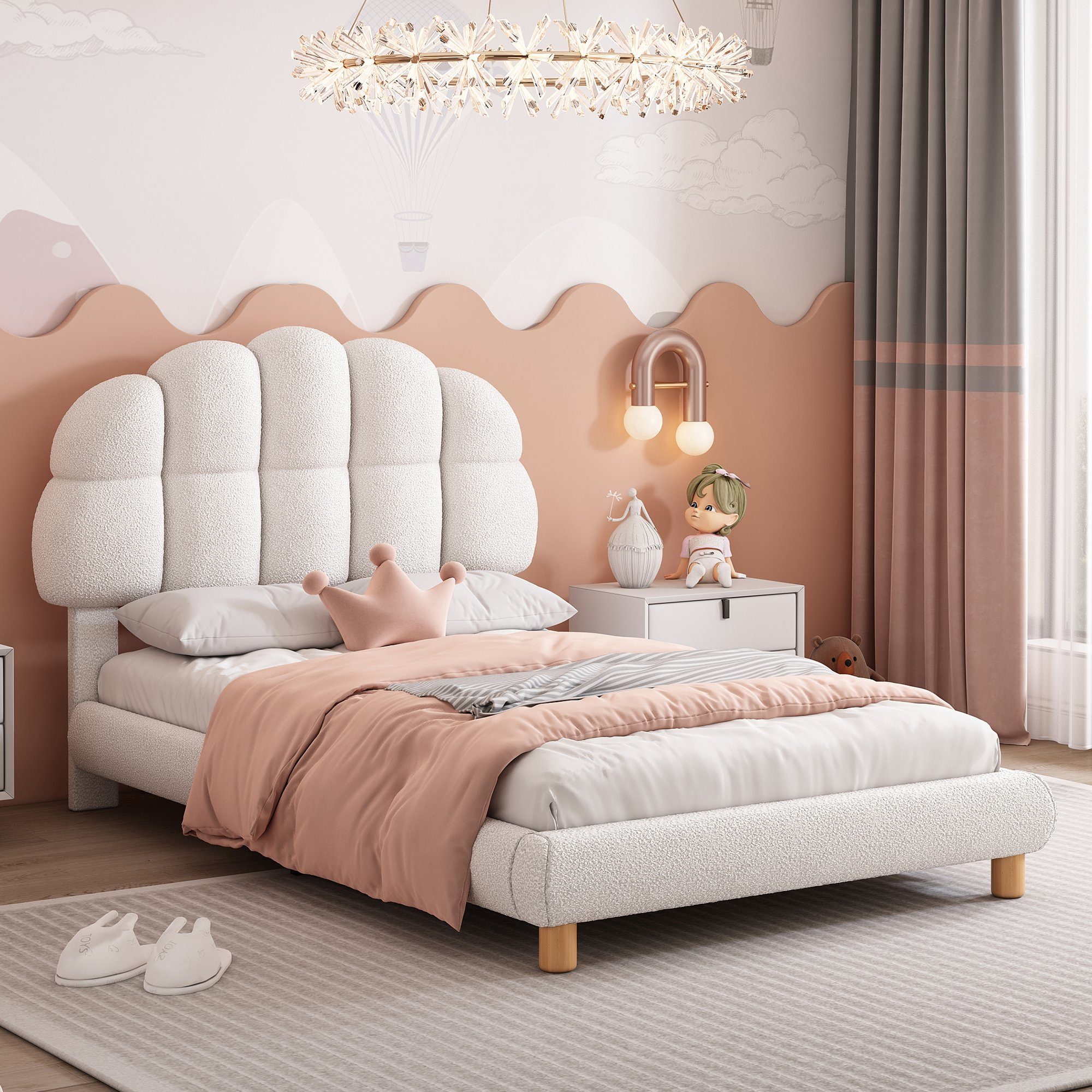 Flieks Polsterbett, Einzelbett Kinderbett 90x200cm mit Halbkreisform Kopfteil Vliesimitat