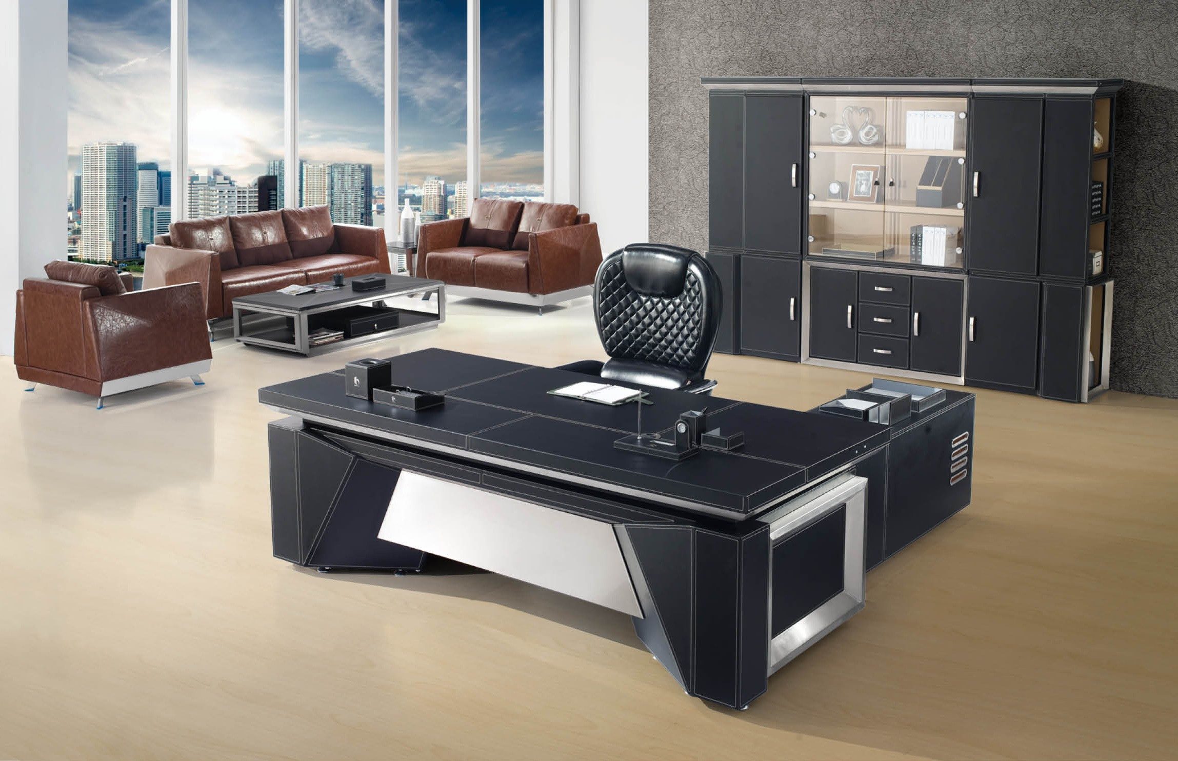 Xlmoebel Eckschreibtisch XLMOEBEL Eckschreibtisch in Schwarz aus MDF und Edelstahl, Made in Europa