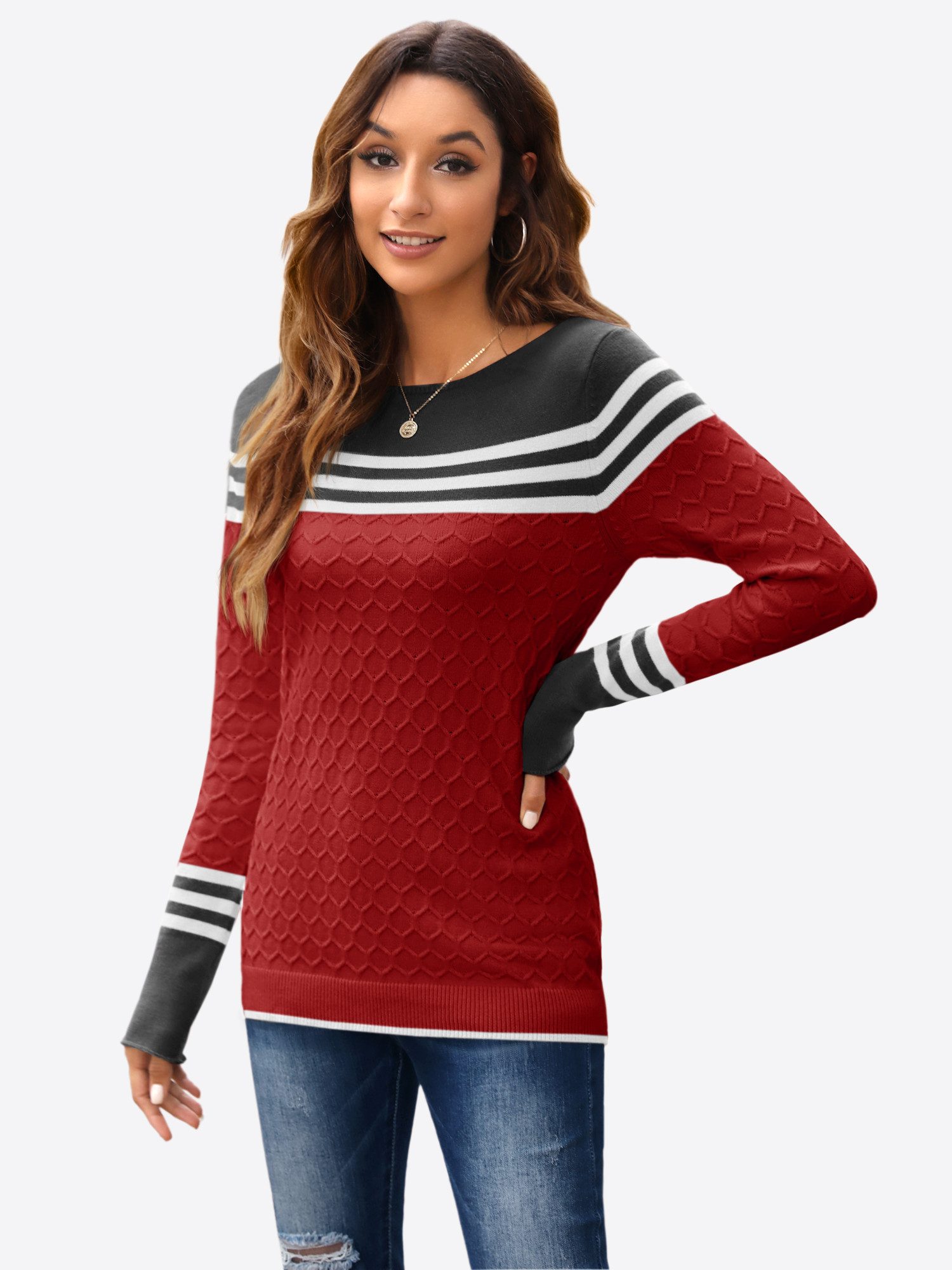 Imily Bela Sweater Damen Gestreifter Colorblock Pullover mit Rundhalsaussch günstig online kaufen