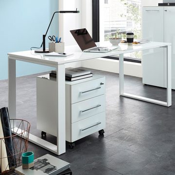 Lomadox Schreibtisch MONTERO-01, Design Büro 160cm mit Glas-Platte weiß mit Metallgestell 160x75x80cm