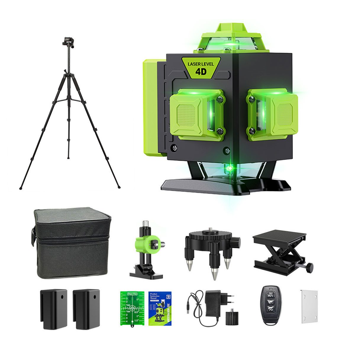 Nivzo Wasserwaage Kreuzlinienlaser 4D, 16 Linien, 360° Grün, Selbstnivellierend, IP54, 4x360°-Design, Fernbedienung, 2 x 2400mAh Akku, Stativunterstützung