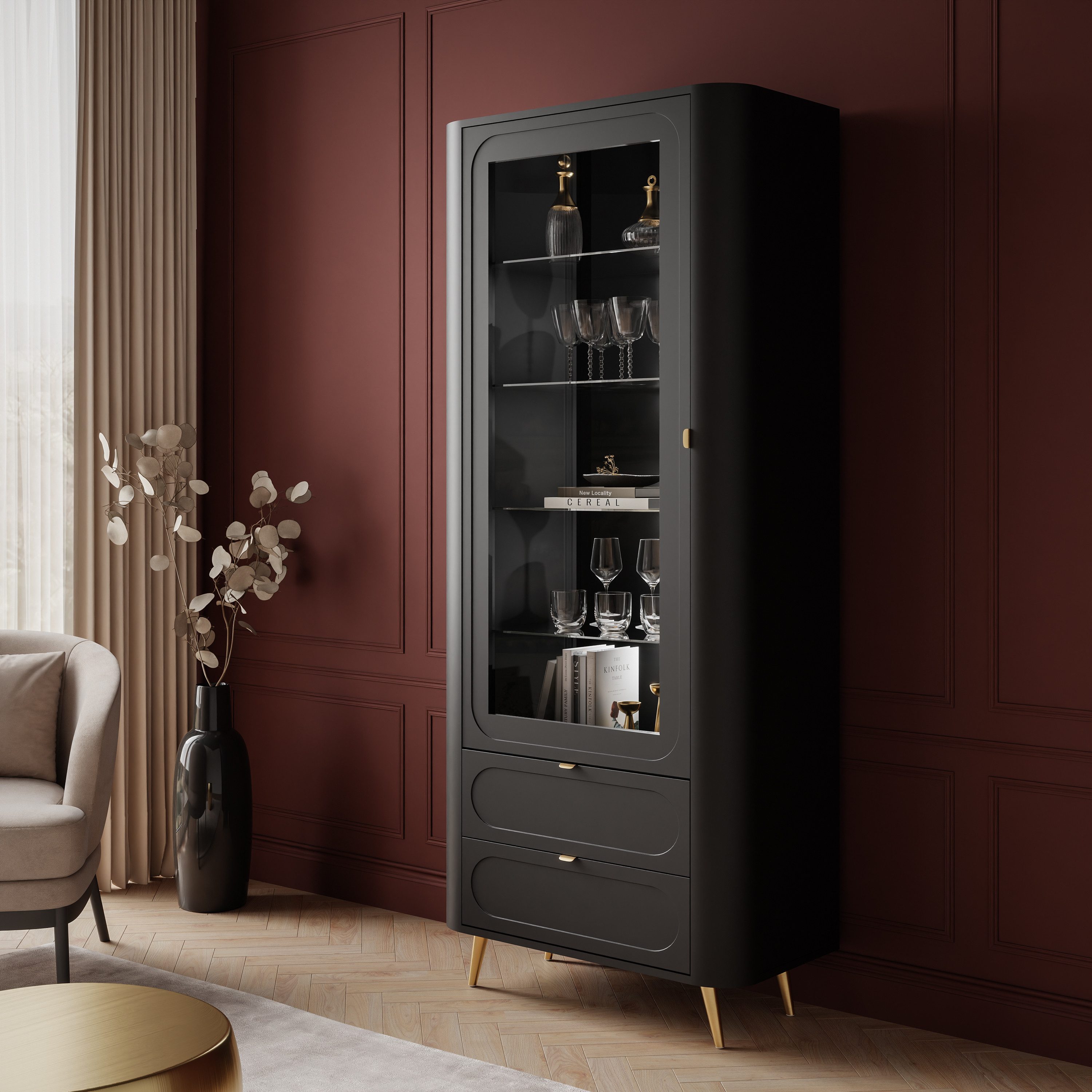Lookway Standvitrine SHADOW II mit LED-Beleuchtung und wählbaren Metallbeinen