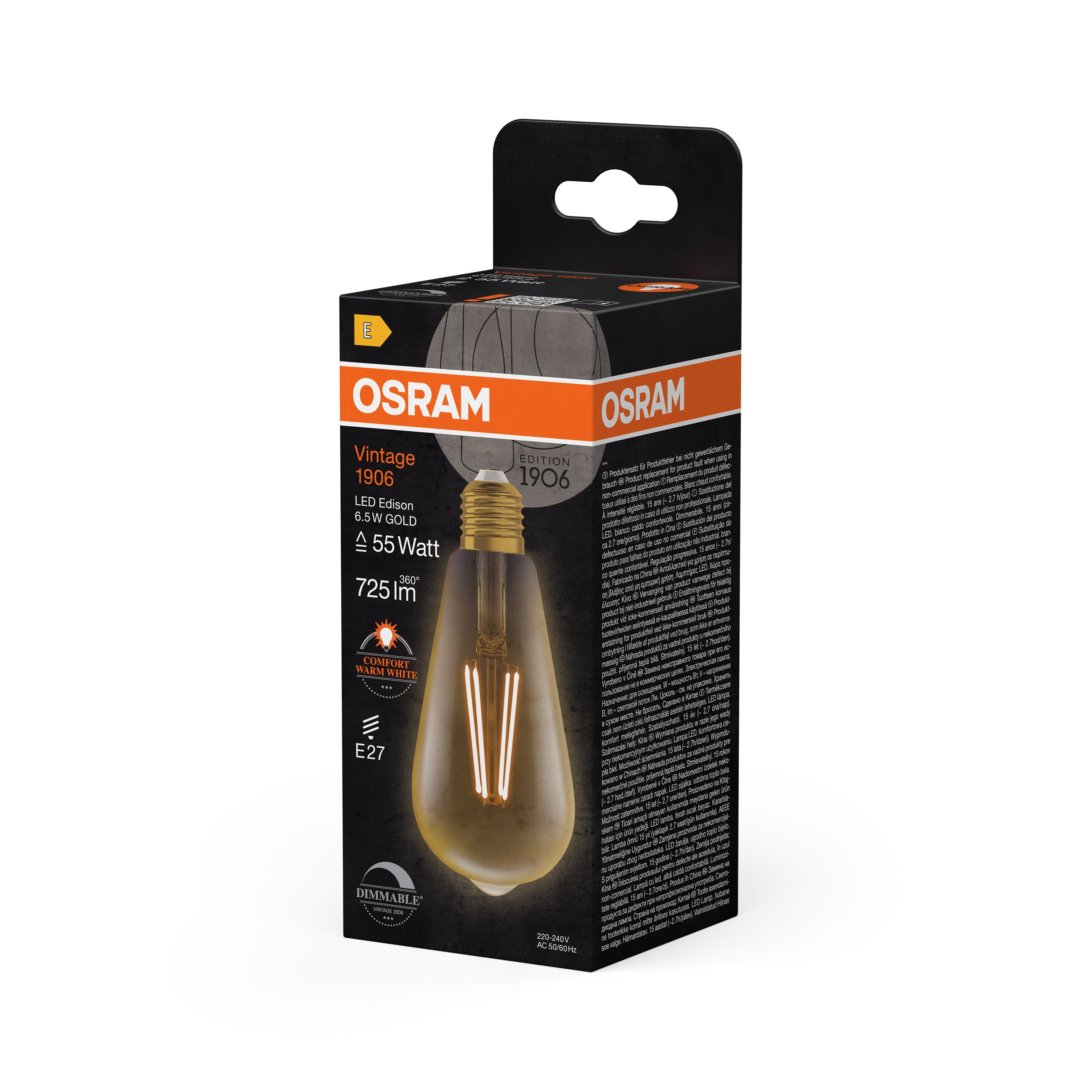 Ledvance LED-Leuchtmittel Vintage 1906 Edison 55 Filament DIM 6.5W 824 Gold E27, E27, 1 St., Komfort warmes Weiß, Geringerer Energieverbrauch als Glüh- oder Halogenlampen