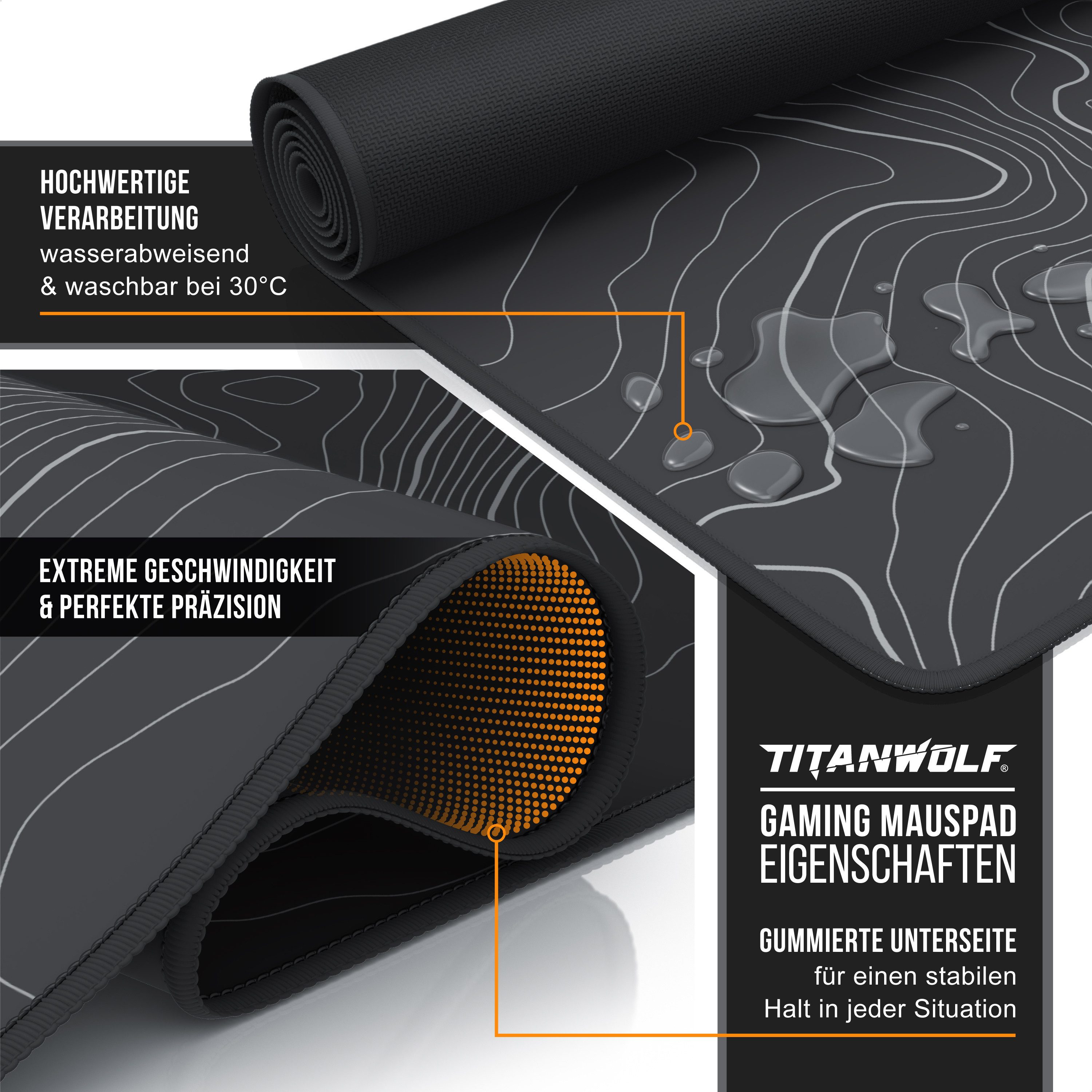 Titanwolf Gaming Mauspad XXL Speed Mousepad 900 x 400 x 3 mm, Schreibtischauflage, abwaschbar, rutschfeste Rückseite, Geschwindigkeit & Präzision, Topography