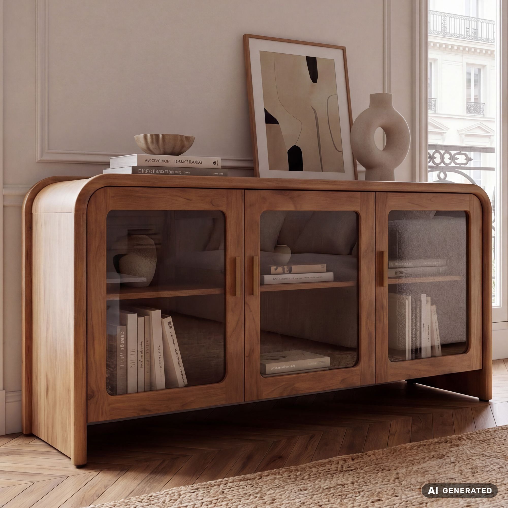 FINEBUY Sideboard FB119693 Anrichte 160cm Wohnzimmer Schrank Esszimmer Groß Modern (Massive Kommode aus Mangoholz mit 3 Glastüren), Braune Holzkommode mit 6 Fächern Handmade