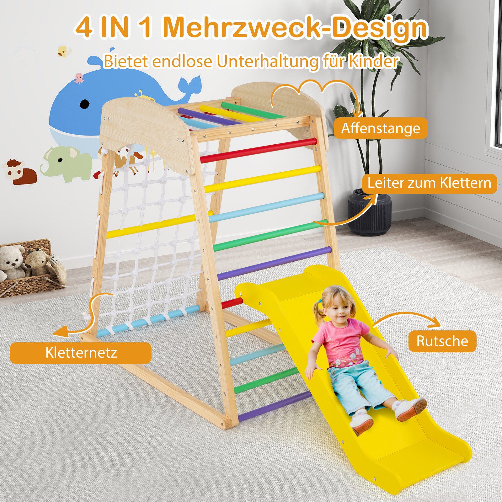 COSTWAY Spielturm Klettergerüst, mit Rutsche & Kletternetz