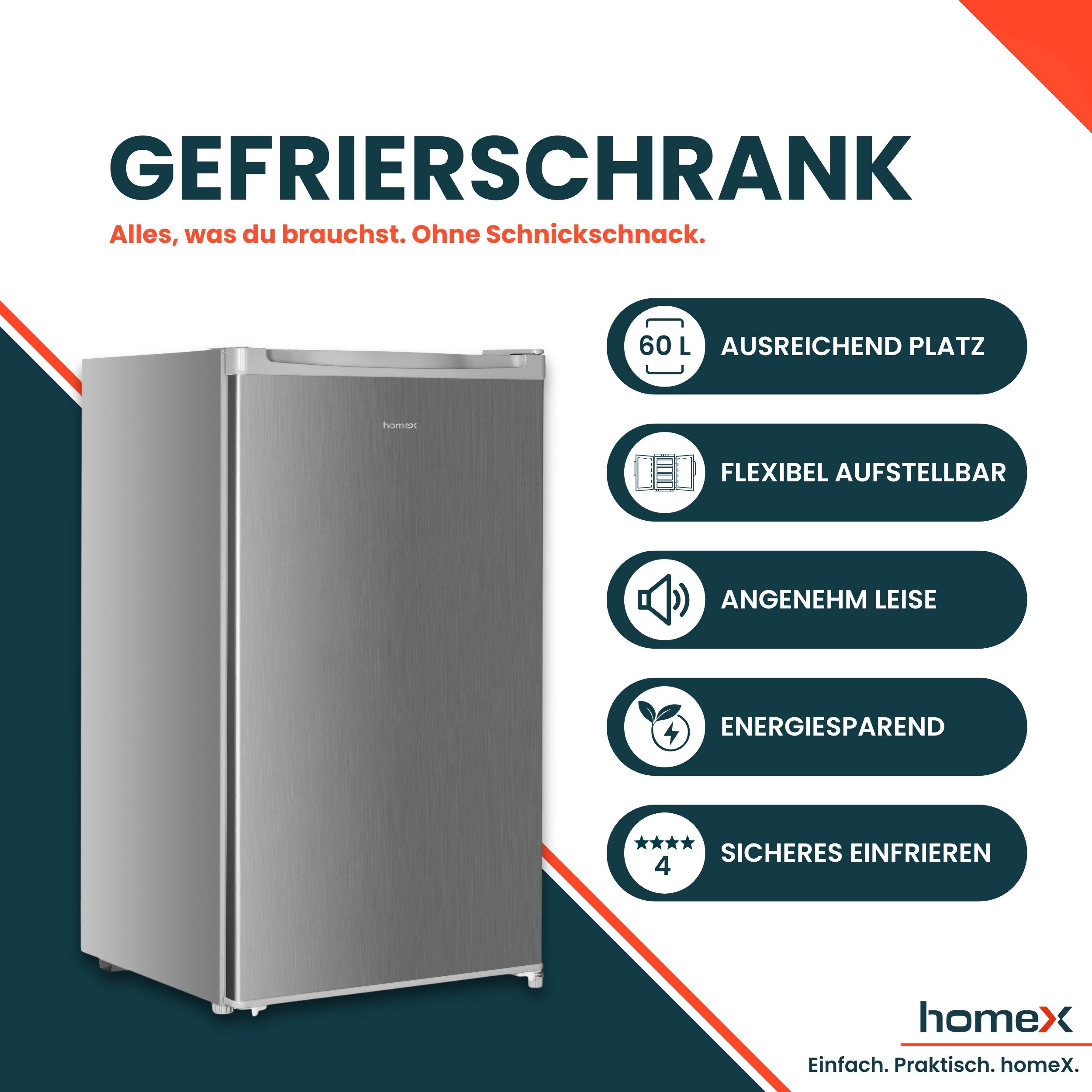 homeX Gefrierschrank FS1016-S, 85 cm hoch, 47.5 cm breit, 60 Liter, Tiefkühlschrank klein, Freezer, 4-Sterne Gefrieren, leise