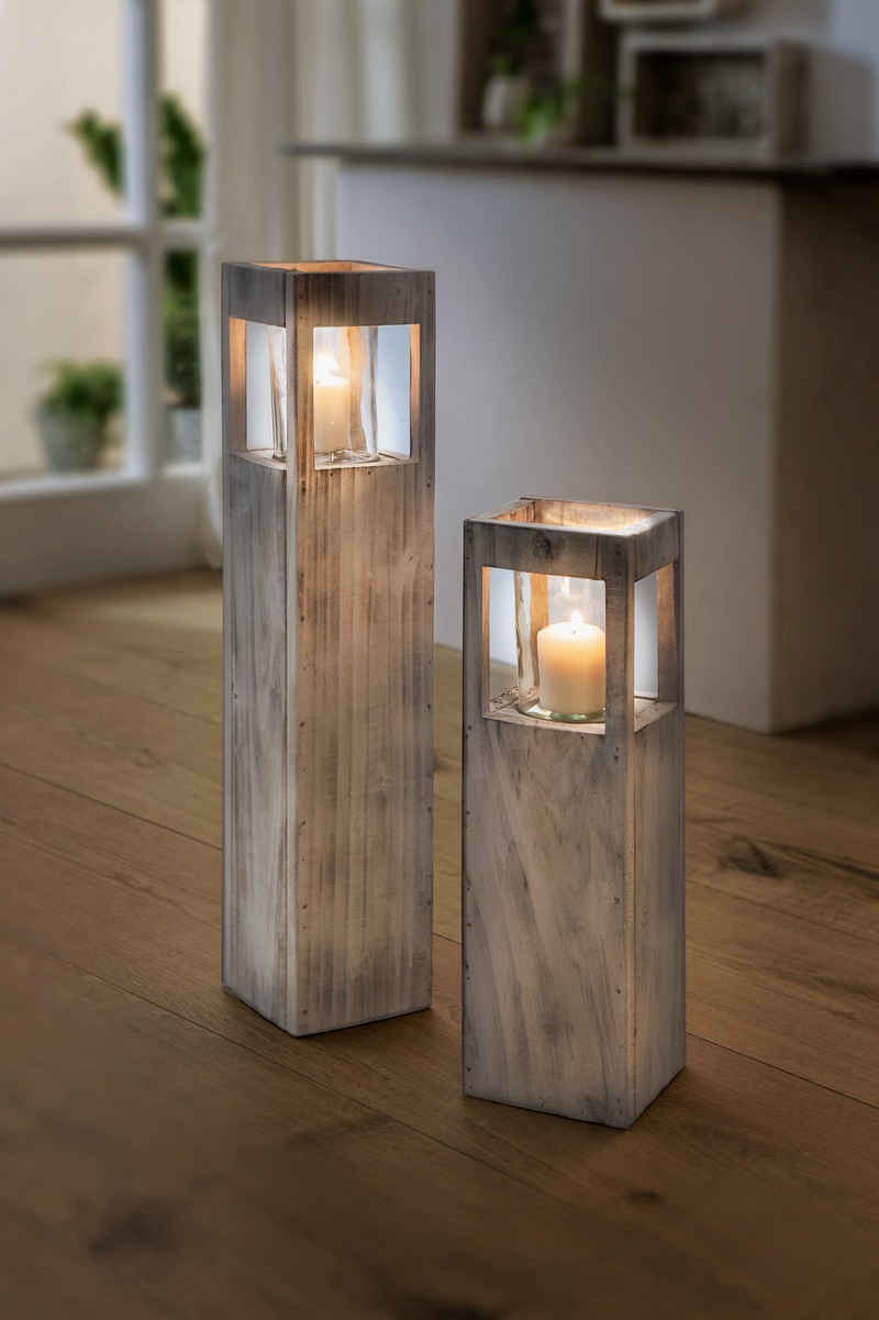 Dekoleidenschaft Bodenwindlicht Windlichtsäule "Shabby-Charme" aus Holz & Glas, Kerzenhalter (1 Stück), in Handarbeit hergestellt