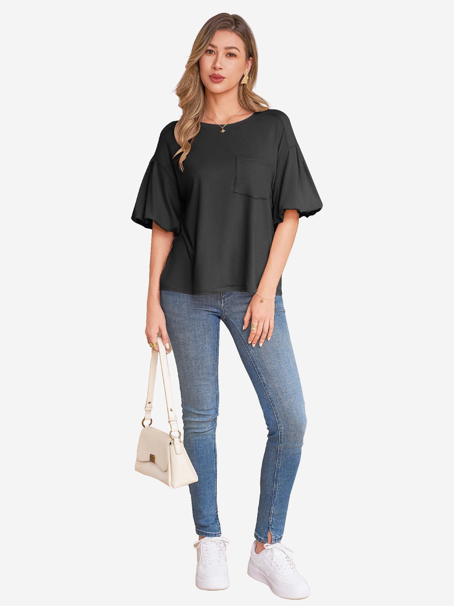 Imily Bela T-Shirt Damen Kurzarmtop mit Puffärmeln (Packung, 1-tlg., 1per-Pack) einfarbig – Bild 4 von 5